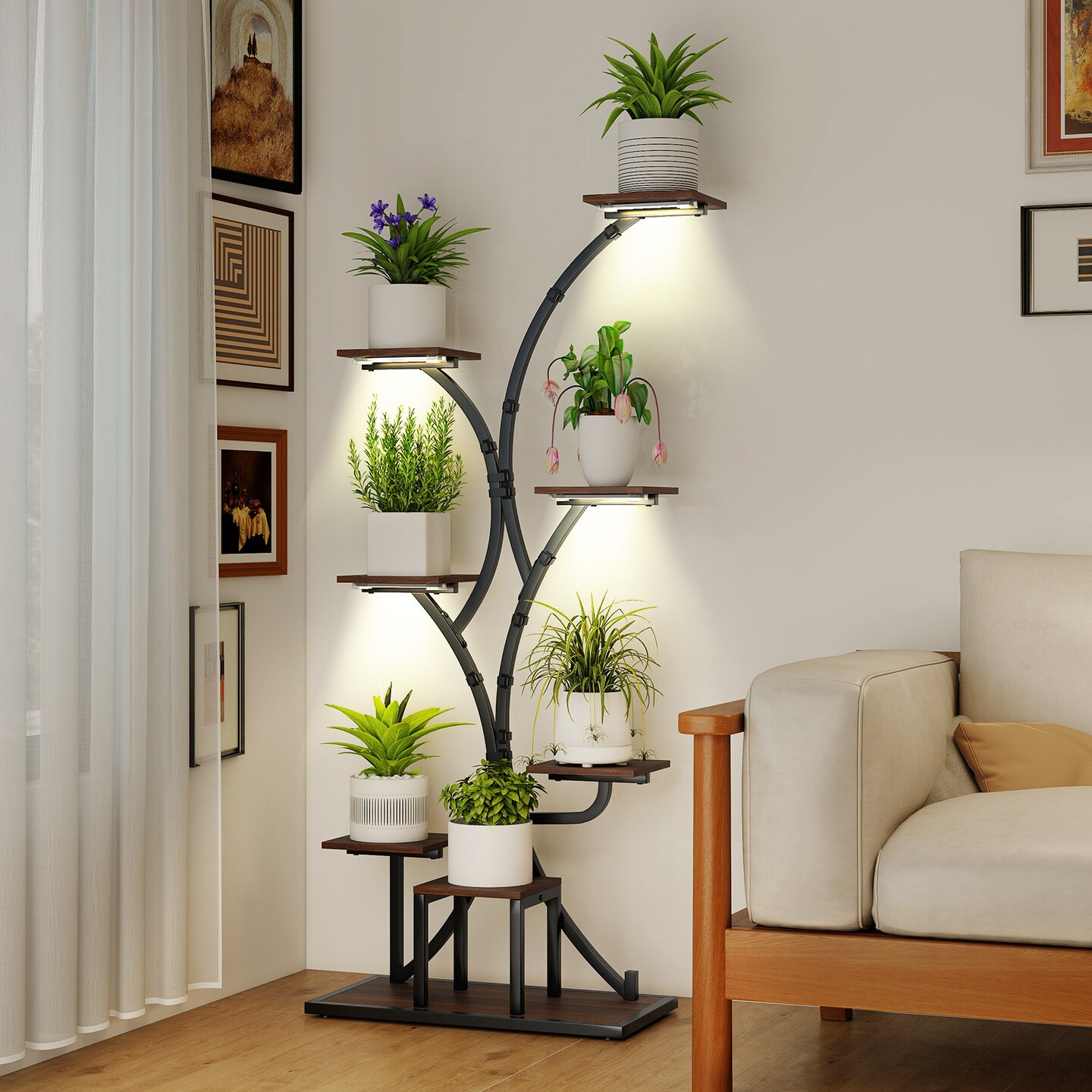Brown - Black Corner Plant Stand with Grow Lights Tall Metal Rack
