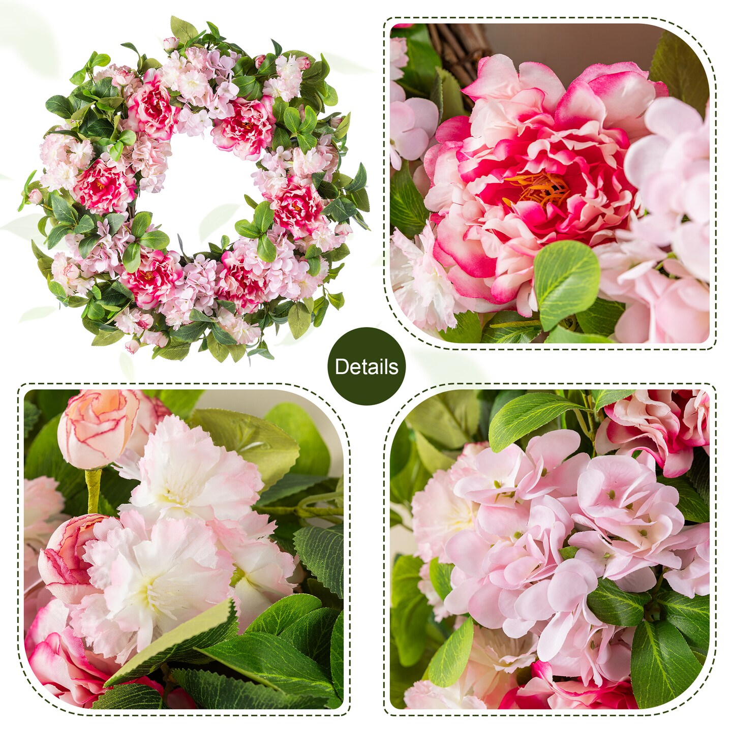 Set of 2 24"D Pink Hydrangea, Peony & Cherry Wreath Includes a Complimentary Black Metal Wreath Hanger