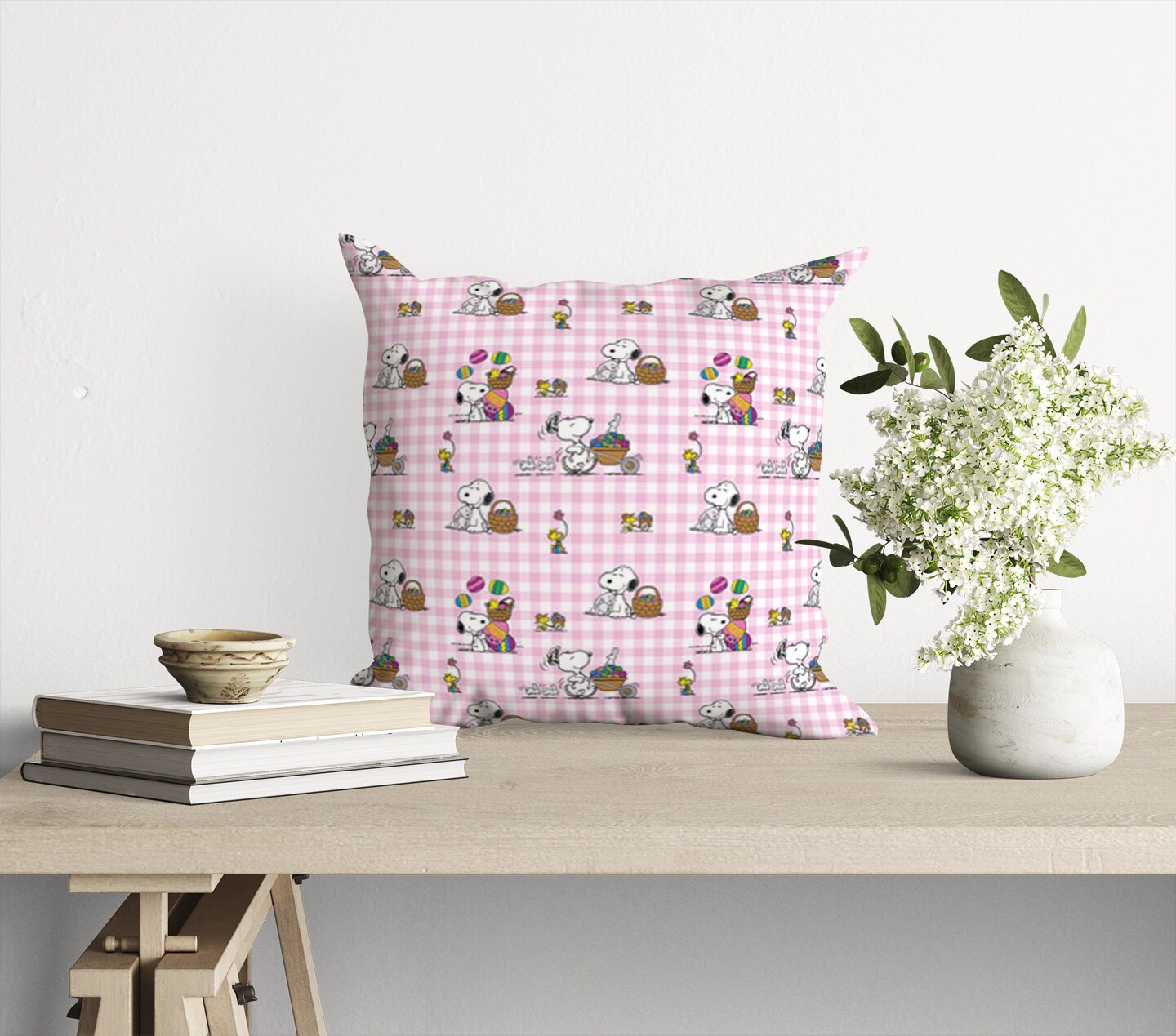 Snoopy Easter Pillow Cover - Pink Gingham Plaid Accent Pillow