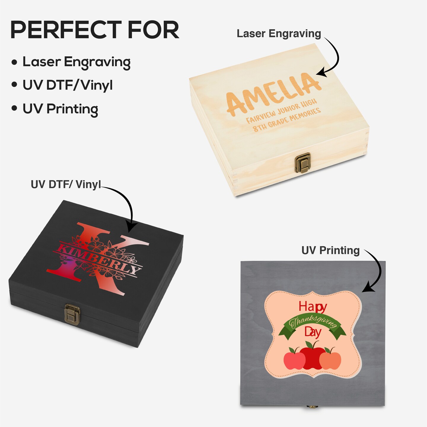 Makerflo Natural Pine Wood Cigar Box, Hinged Back & Front Clasp, Black Felt Lined, 8.5" x 8" x 2.4", Ideal for Craft - (Laser Engraving, Epoxy, UV DTF, and Vinyl)