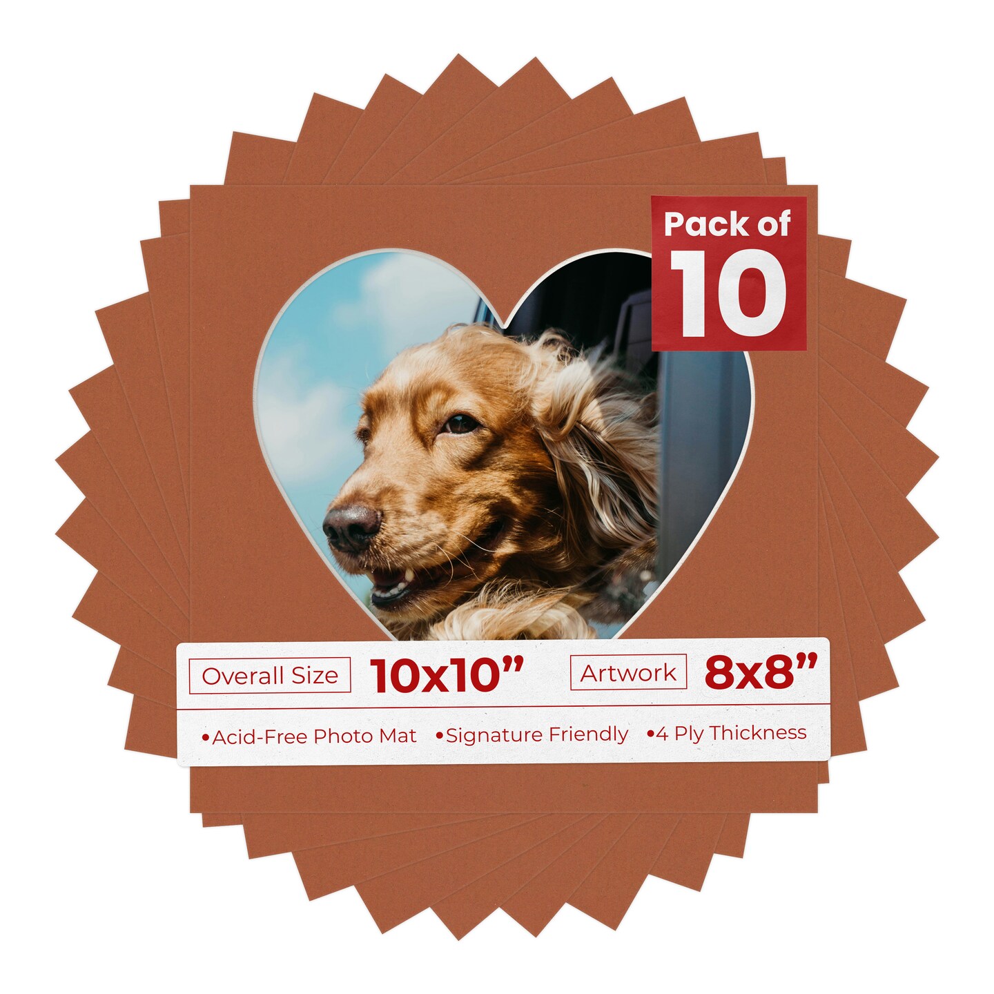 Terra-cotta Red Mat Board for 10x10 Frames - Heart Opening for 8x8 Photos