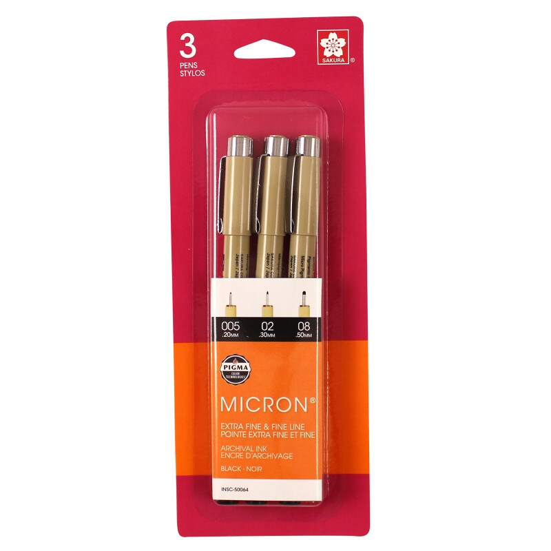 Pigma Micron Pens, Black, Assorted Sizes, 3-Piece Set, Blister Card