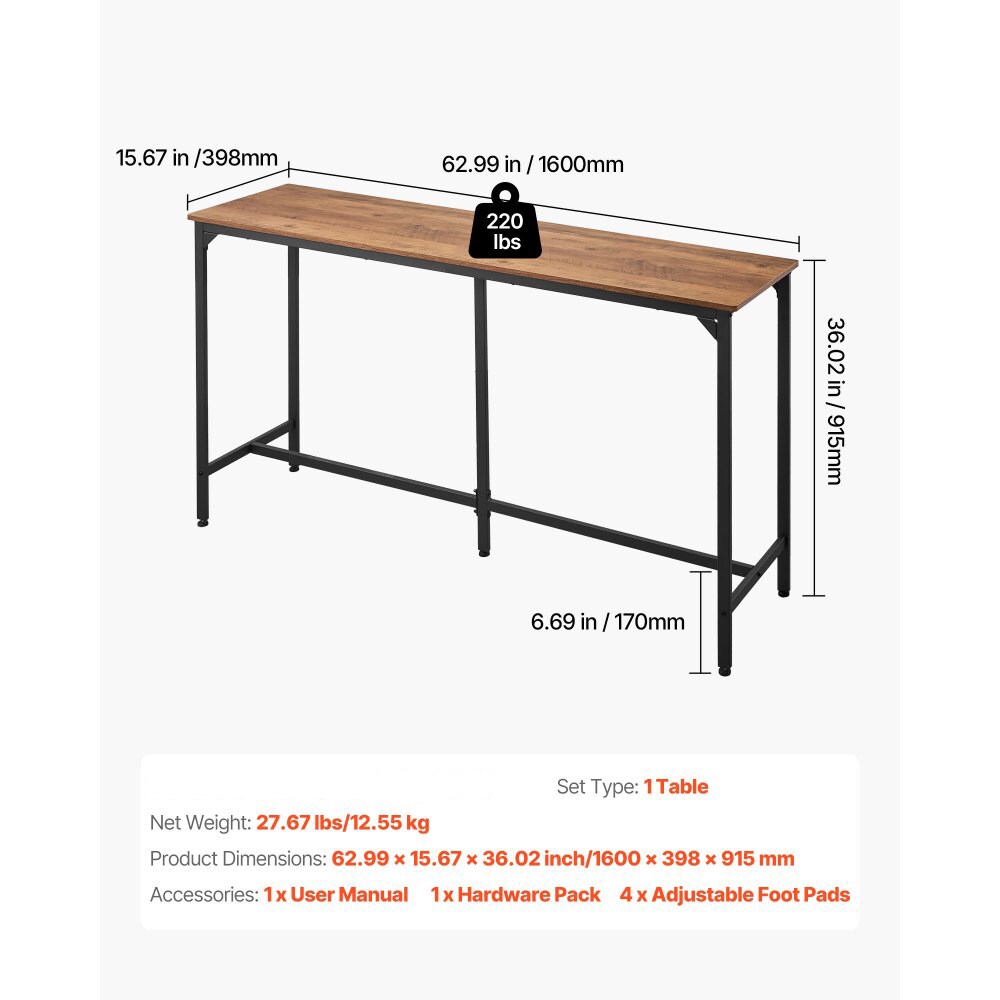 Brown-Black Particleboard Bar Table Counter Height with Footrest