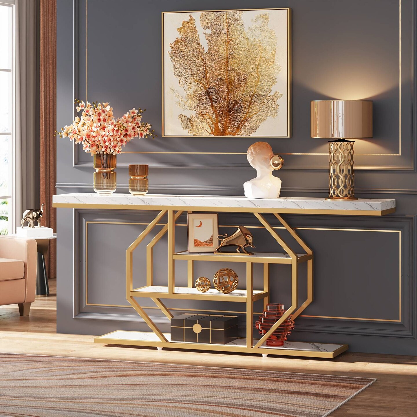 40" Accent Console Table Faux Marble Top with Geometric Metal Base