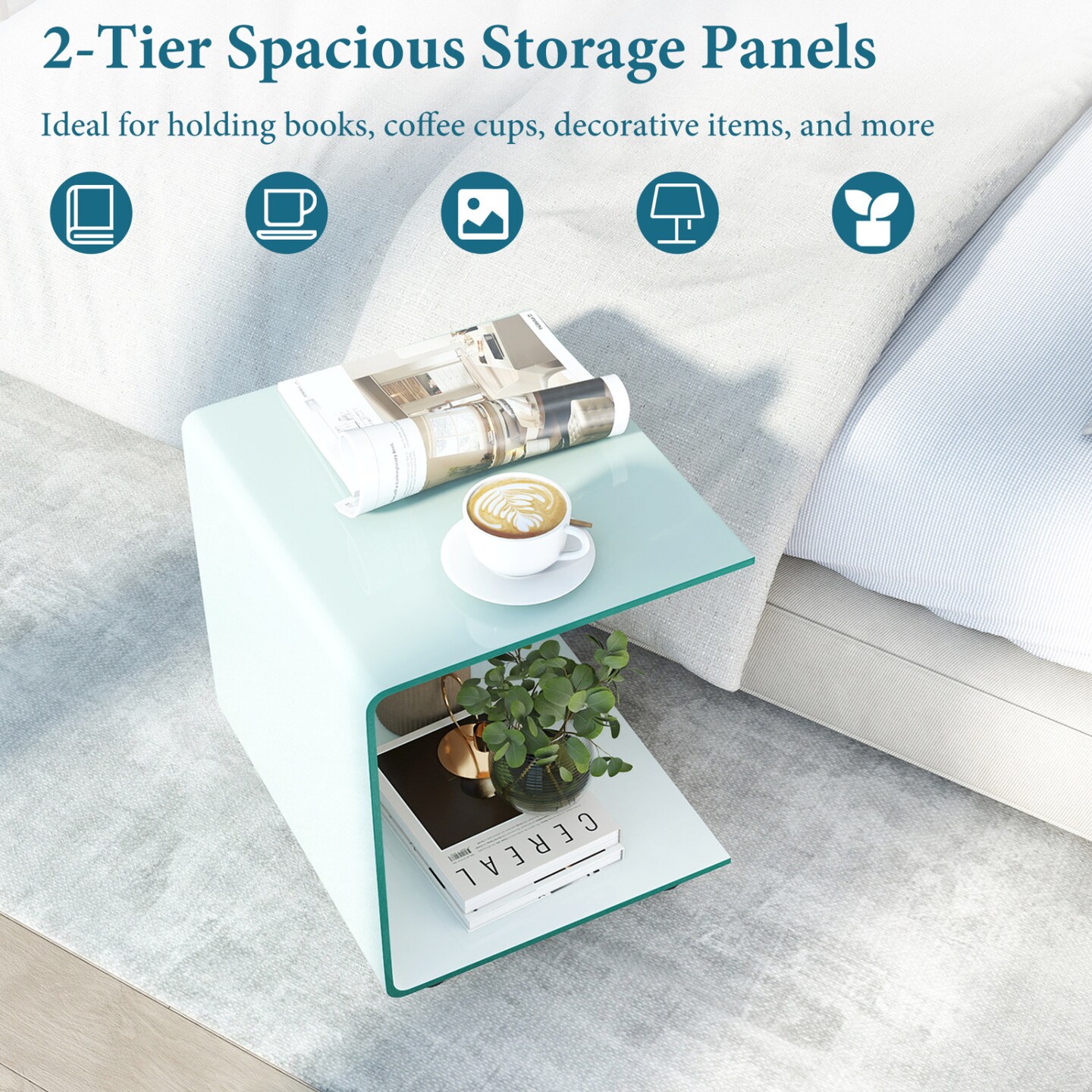Glass End Table 2-Tier Shelf Mobile Detachable Wheels Sofa Side Table