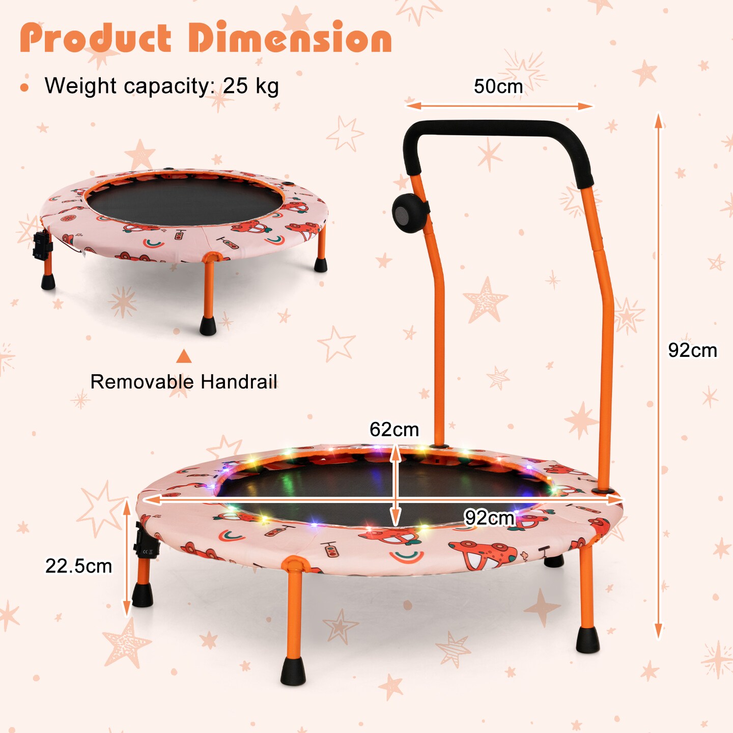 Kids Mini Trampoline with Music Lights Bluetooth Speaker Indoor Toddler Jumping Trampoline