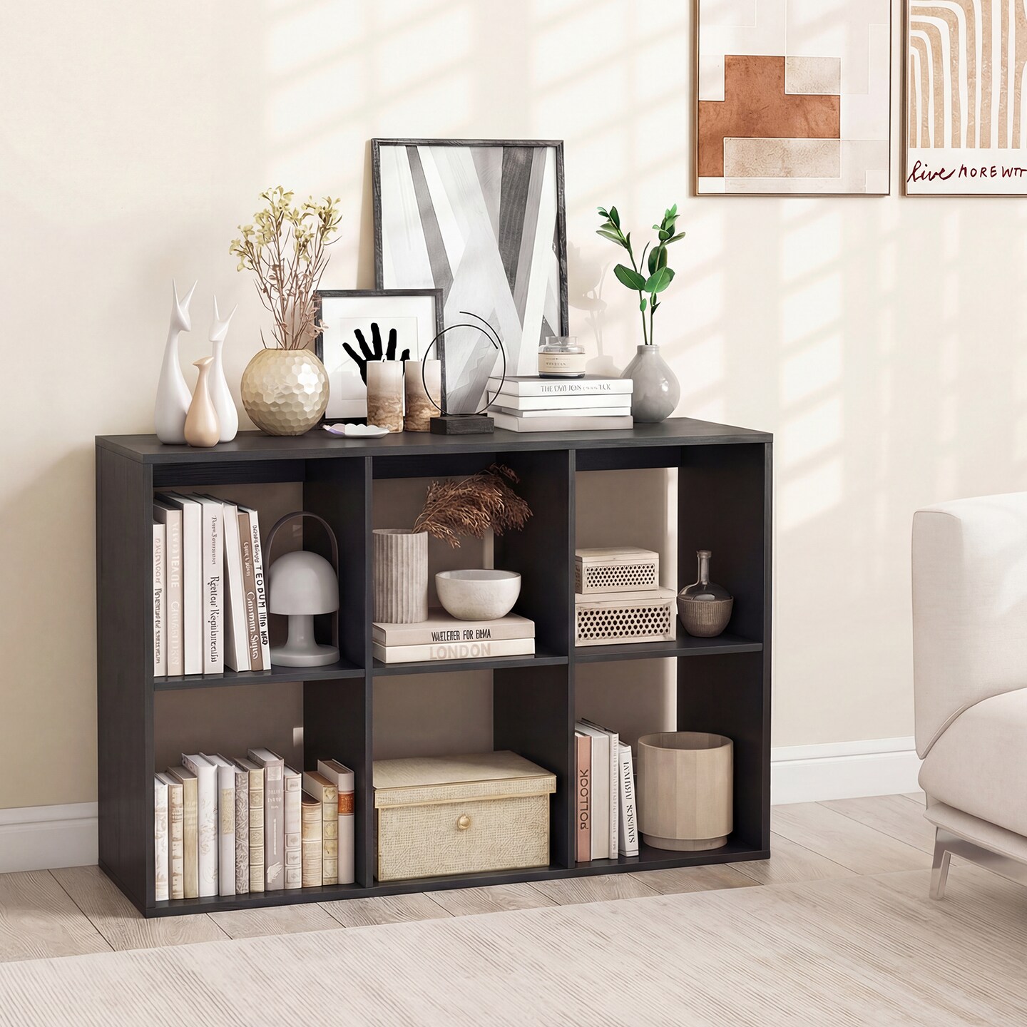 Freestanding Cube Storage Shelf Organizer Engineered Wood Bookcase with Open Compartments and Wide Tabletop for Home Office