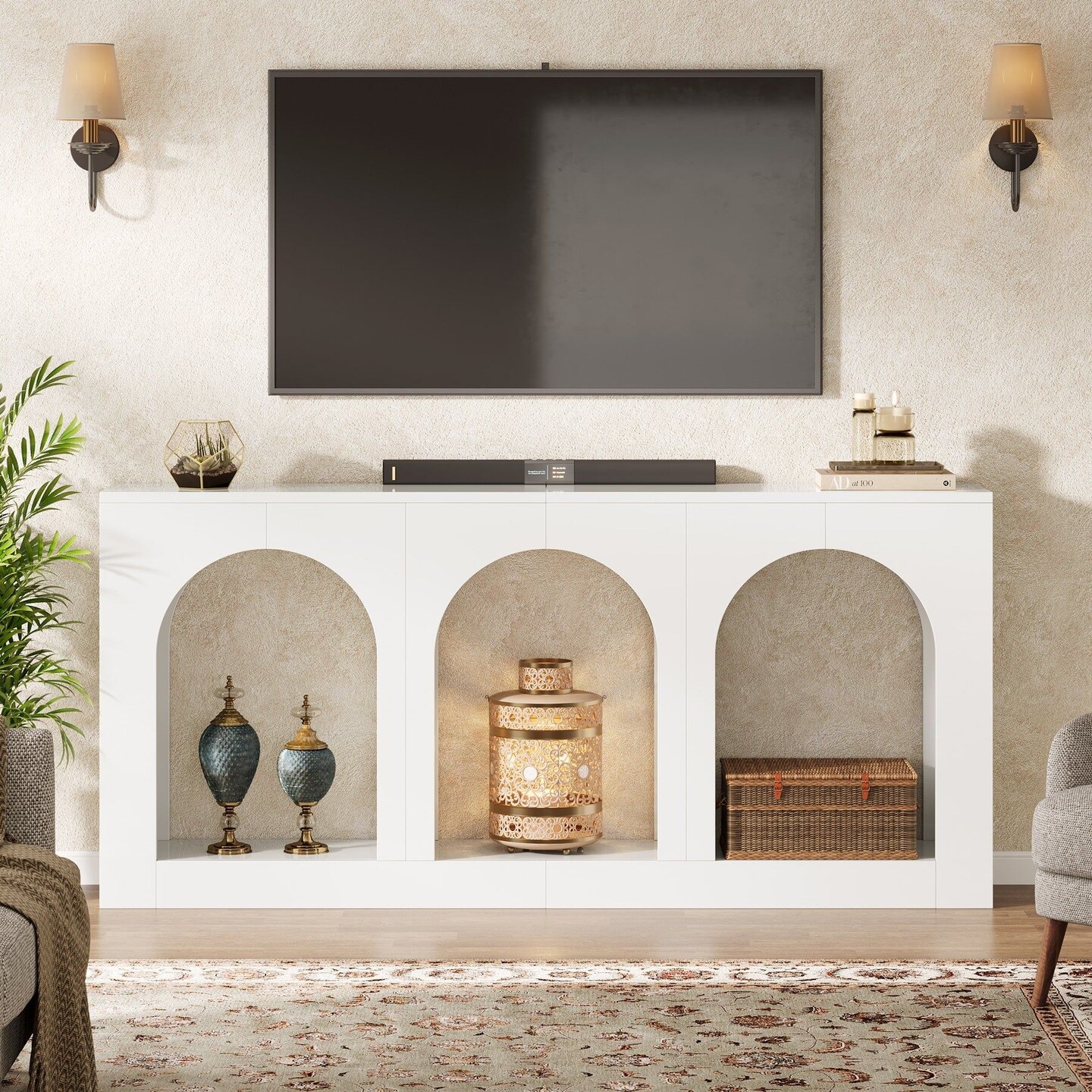 70.8" Arched Wood Sofa Table 3 Tier Entryway Console with Open Shelves