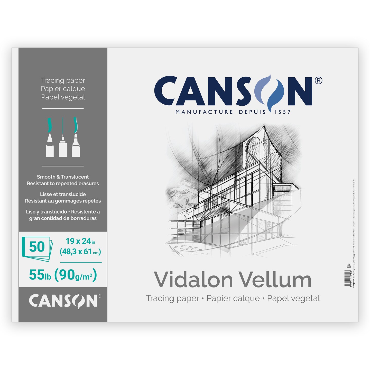 Canson Artist Series Vidalon Vellum Pad 19"X24"-Fold Over, 50 Sheets