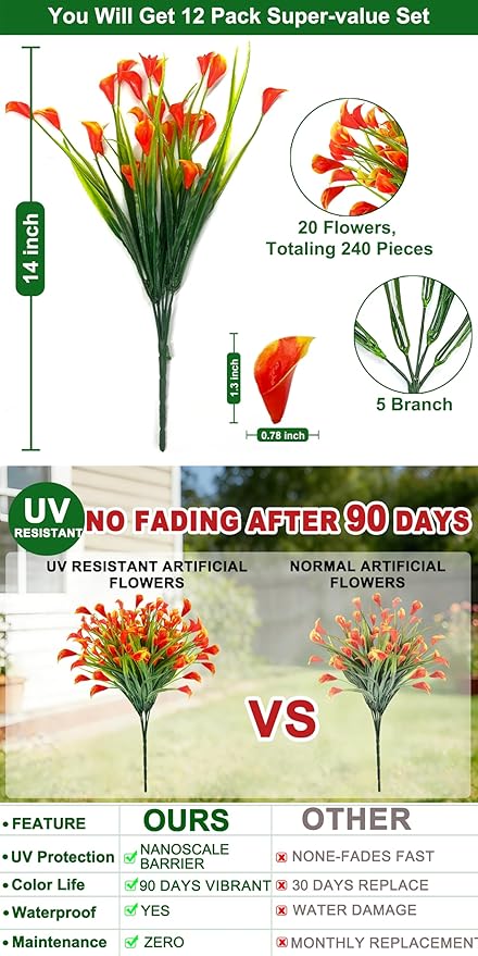 12 Bundles Calla Lily (240 Heads) Artificial Flowers for Outdoors, Fake Plants UV Resistant Faux Plastic Fake Flowers for Indoor Home Porch Yards Summer Cemetery Spring Decor(Orange Red)