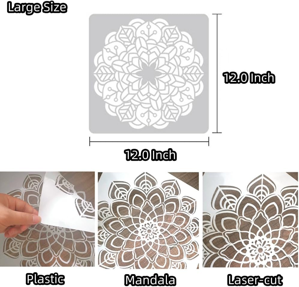 9-Pack Large Mandala Stencils (12x12 in) – Reusable Plastic Painting Templates for DIY Crafts on Walls, Wood, Floors, Canvas & Home Decor