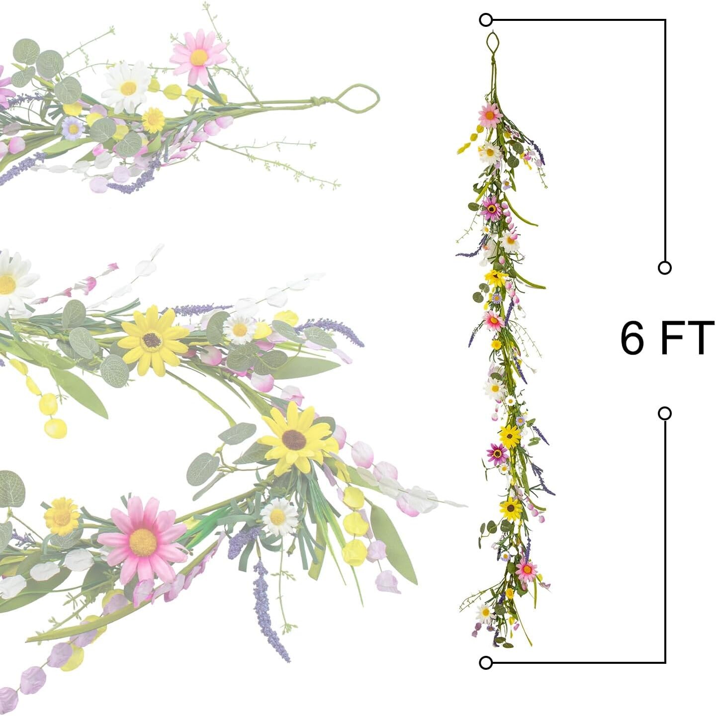 6 FT Spring Floral Garlands – Farmhouse Vintage Wildflower Daisy Garland, Spring Flower Garland for Table Centerpiece, Door Frame, Mantel, Stairs Railing, Rustic Summer Floral Decoration