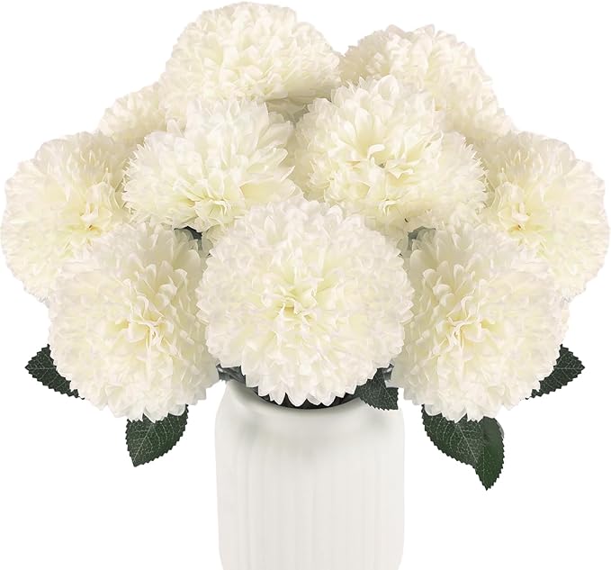 12 Pcs Artificial Chrysanthemums Flowers Ball Flower, Fake Mums Flowers White Silk Flowers for Spring Home Decor Indoor Floral Arrangement Table Centerpiece (12, White)