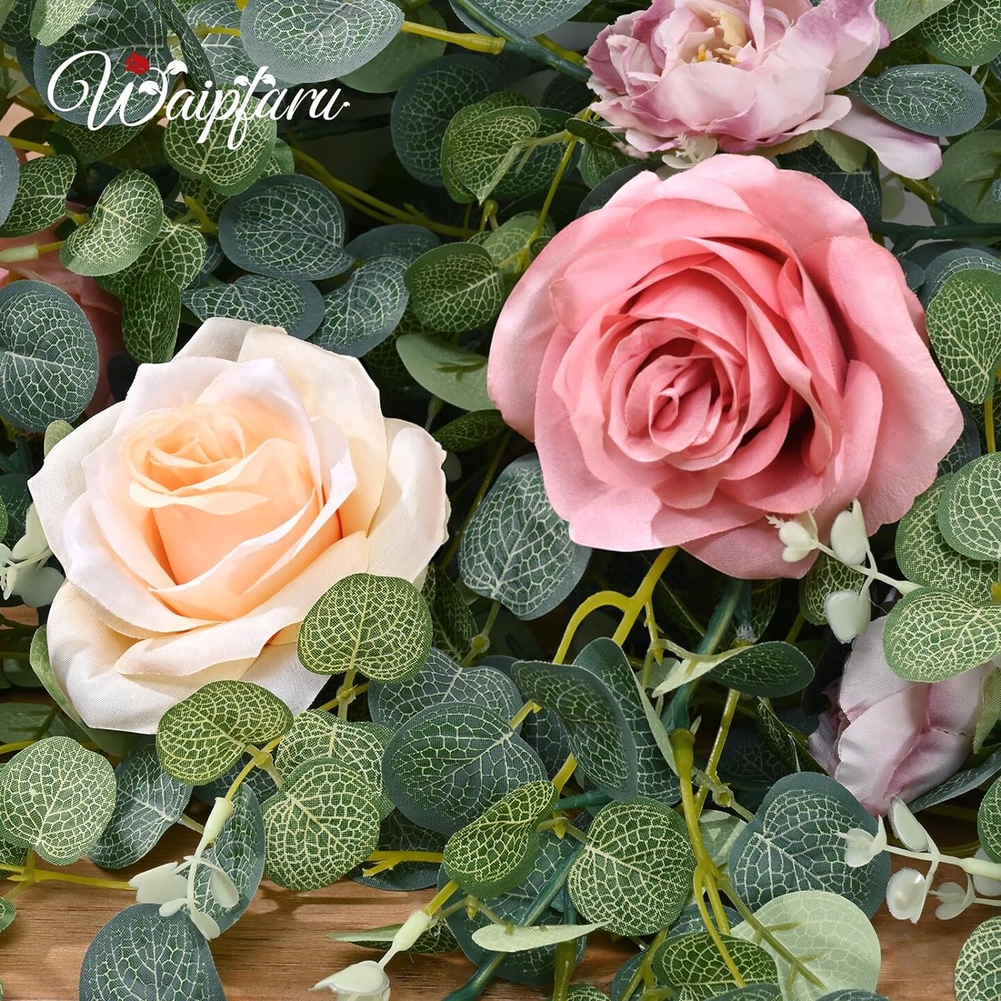 Spring Floral Garlands – 6.07 Ft Pink Rose & Eucalyptus Flower Garland, Artificial Greenery Vine for Wedding Table Runner, Centerpieces, Backdrop, Room Décor