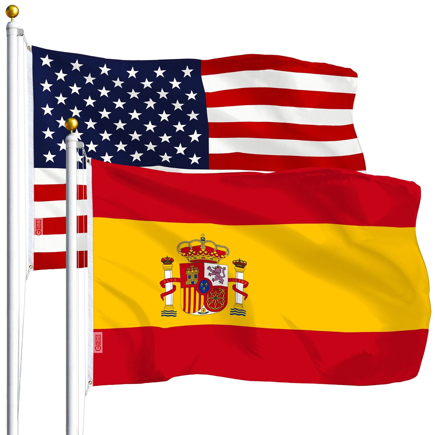 G128 Combo Pack: USA American Flag 3x5 Ft 75D Printed Stars &#x26; Spain (Spanish) Flag 3x5 Ft 75D Printed