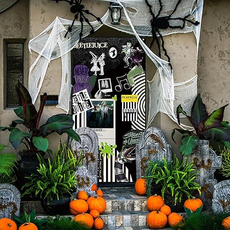Scary Creepy Halloween Door Cover Classic Movie Role Beetlejuice Photo Backdrop Horror Party Decorations and Supplies for Home