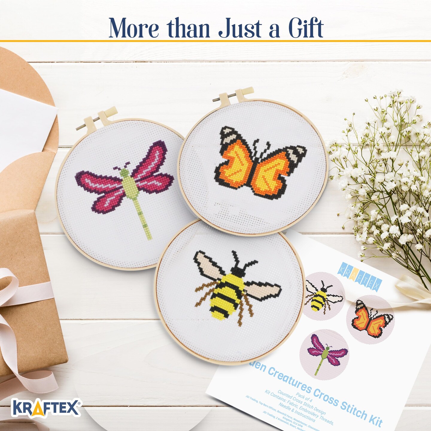 Floral Stamped Cross Stitch Kits for Beginners - 3 Pack. DIY Embroidery Needlepoint Patterns for Adults. Easy Cross Stitch Kits for Beginners (Garden Creatures)