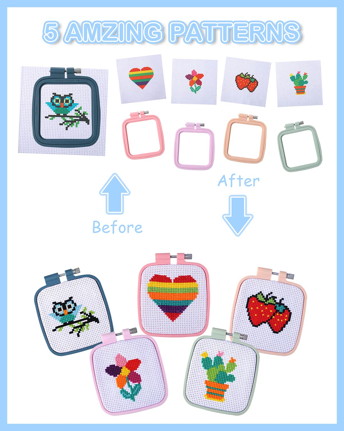 5PCS Cross Stitch Kits for Beginners for Kids 7-13, Includes 5 Project Patterned and 5pcs Square Embroidery Hoops, 11 Skeins, Needle Point Starter Kit Sewing Set with Instructions