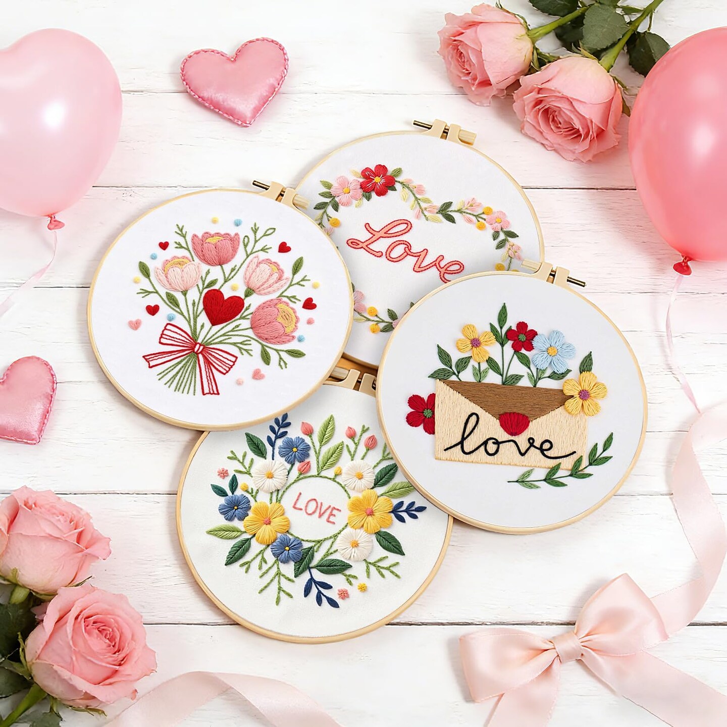 Valentines Embroidery Kit, DIY Embroidery Starter Kit for Adults & Beginners, DIY Needlepoint Kit with Embroidery Hoop Thread Needle for Craft Lover Birthday Gifts (Valentines-4 Set)