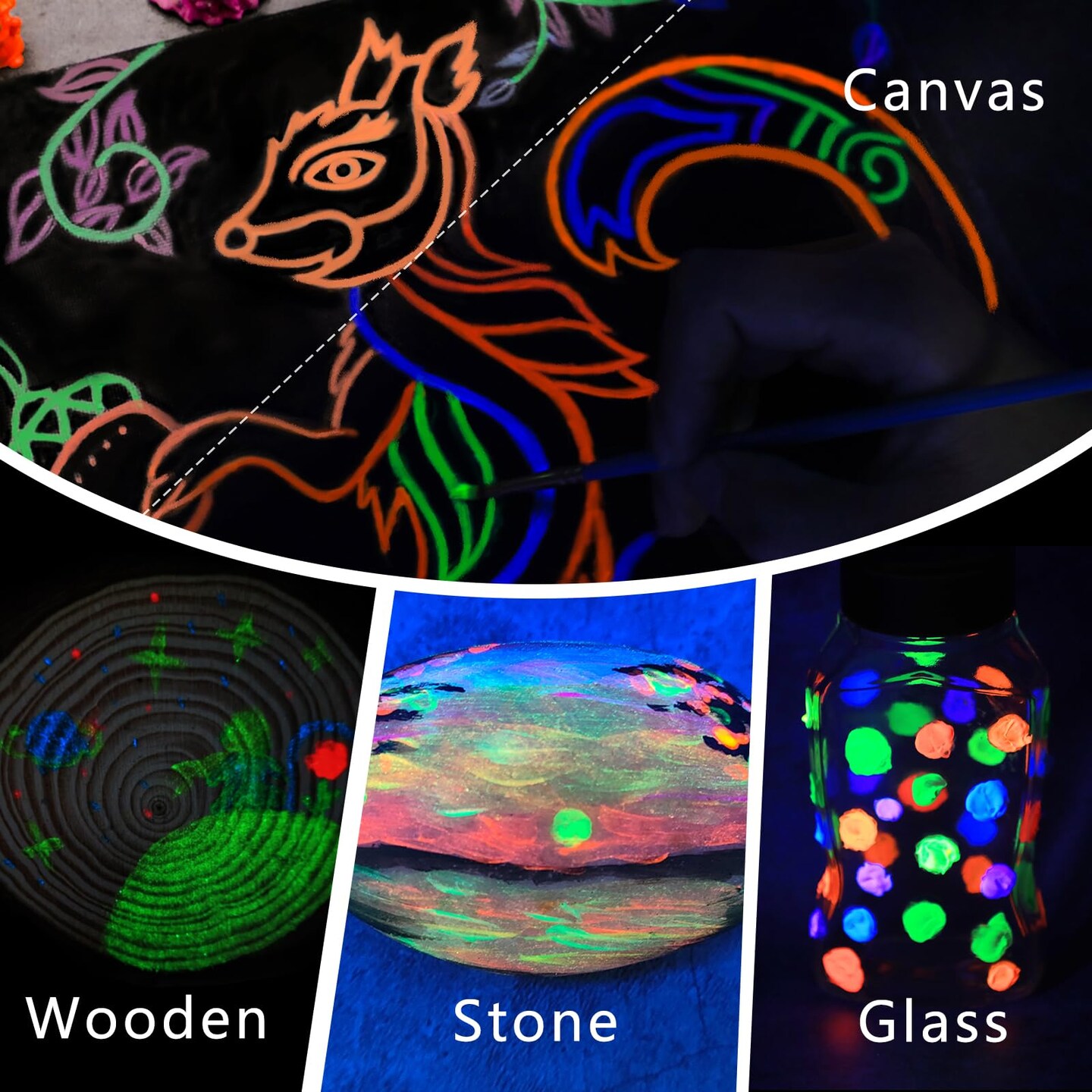Glow in the Dark Paint 8 Colors, 20 ml / 0.7 oz Acrylic Paint for Decoration, Art Painting, Outdoor and Indoor Art Craft, Supplies for Canvas, Rock, Wood, Waterproof Rich Pigments