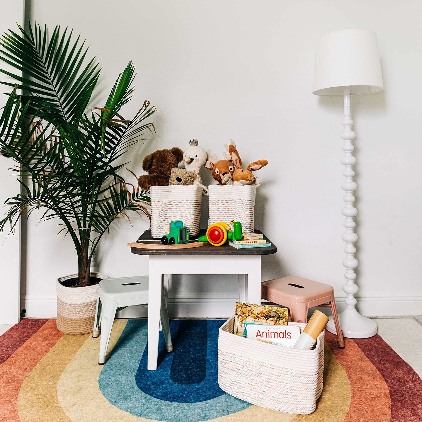 Woven Storage Basket, Nursery Storage Basket, Towel Basket for Bathroom, Cotton Rope Basket for Storage, Decorative Storage Baskets, Woven Baskets for Storage, Rainbow Book Basket