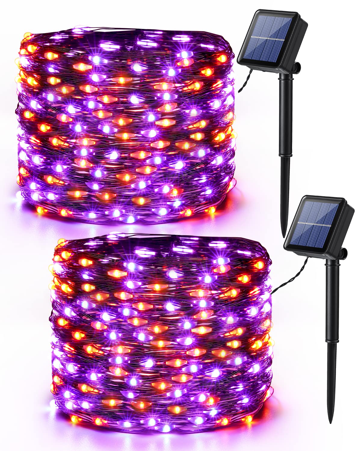 Orange & Purple Halloween Lights, 2 Pack Total 78ft 240 LED Orange Lights, Purple Solar Halloween Lights 8 Modes, Outdoor Twinkle Orange Halloween String Lights Black Wire for Halloween Decor