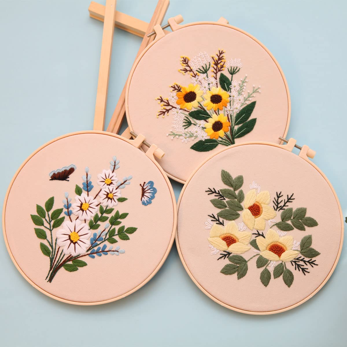 Embroidery Kit for Beginners,Cross Stitch Kits for Adults DIY Craft 3pcs Embroidery Pattern Needlework Fabric Embroidery Thread and Needles 1pcs Embroidery Hoop Adult Stitch Stuff Sewing Kit Gif