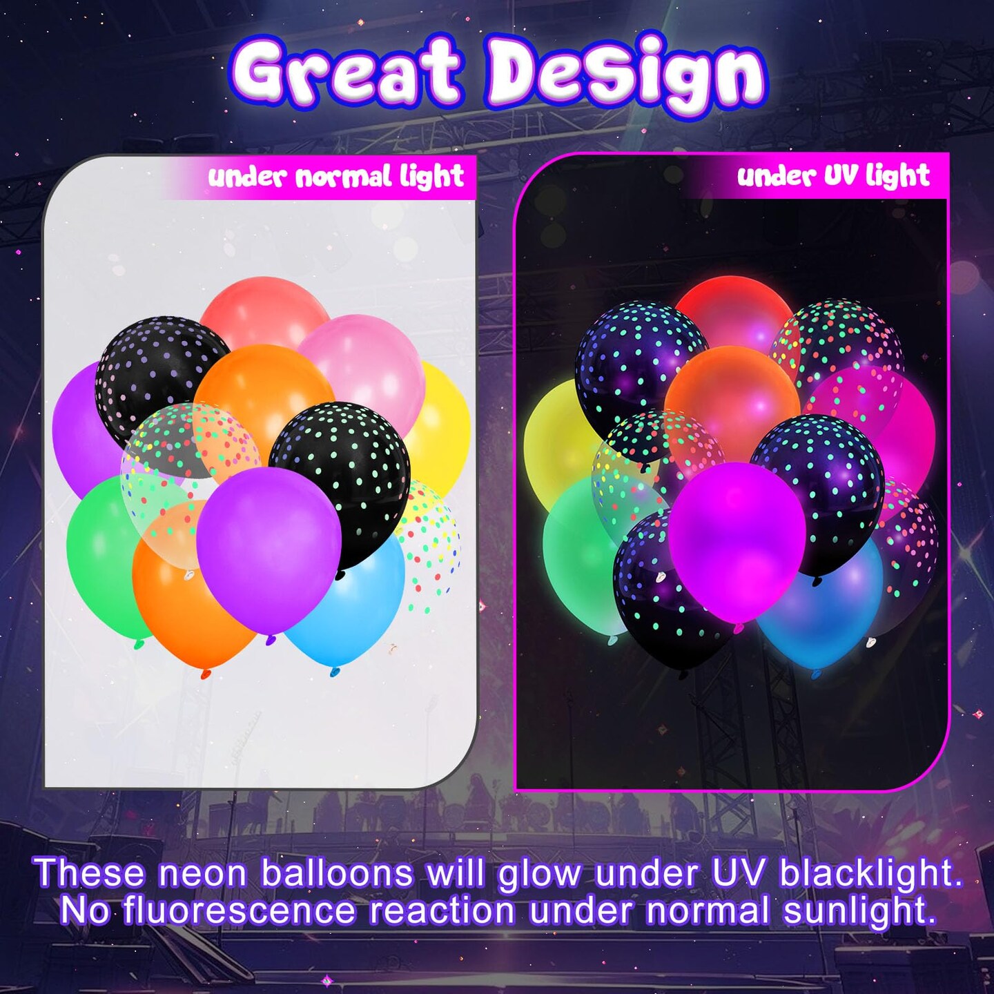 3 otters 66PCS Glow Balloons Assorted Colors, 12&#x22;&#x22; UV Neon Balloons with Small Dots Neon Glow in the Dark Balloons Fluorescent Balloons for Birthday Wedding Glow Party Supplies, Medium, HSHD2969