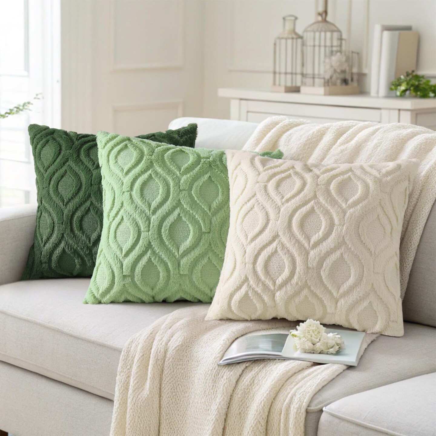 Throw Pillow Covers 18x18 Inch Set of 2, Soft Plush Faux Wool Beige Couch Pillow Covers, Solid Dyed Accent Pillow Cases for Sofa Bed Living Room Home Decor