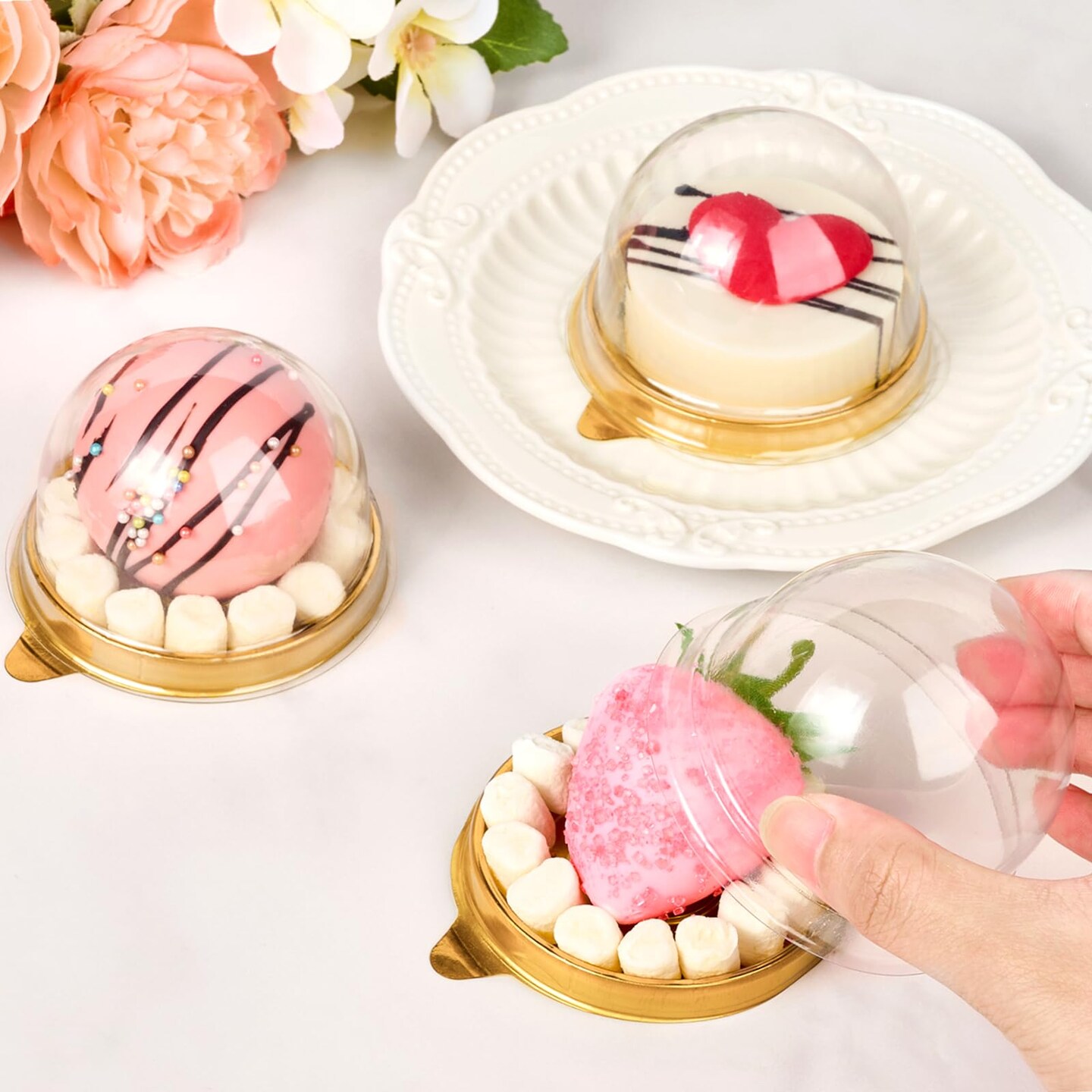 Mini Dessert Containers with Dome Lids, 100Pcs Clear Plastic Individual Ore Cookie holder, Small Cake Box for Mini Cupcake, Cocoa Bomb, Strawberry, Cheesecake and Mooncake