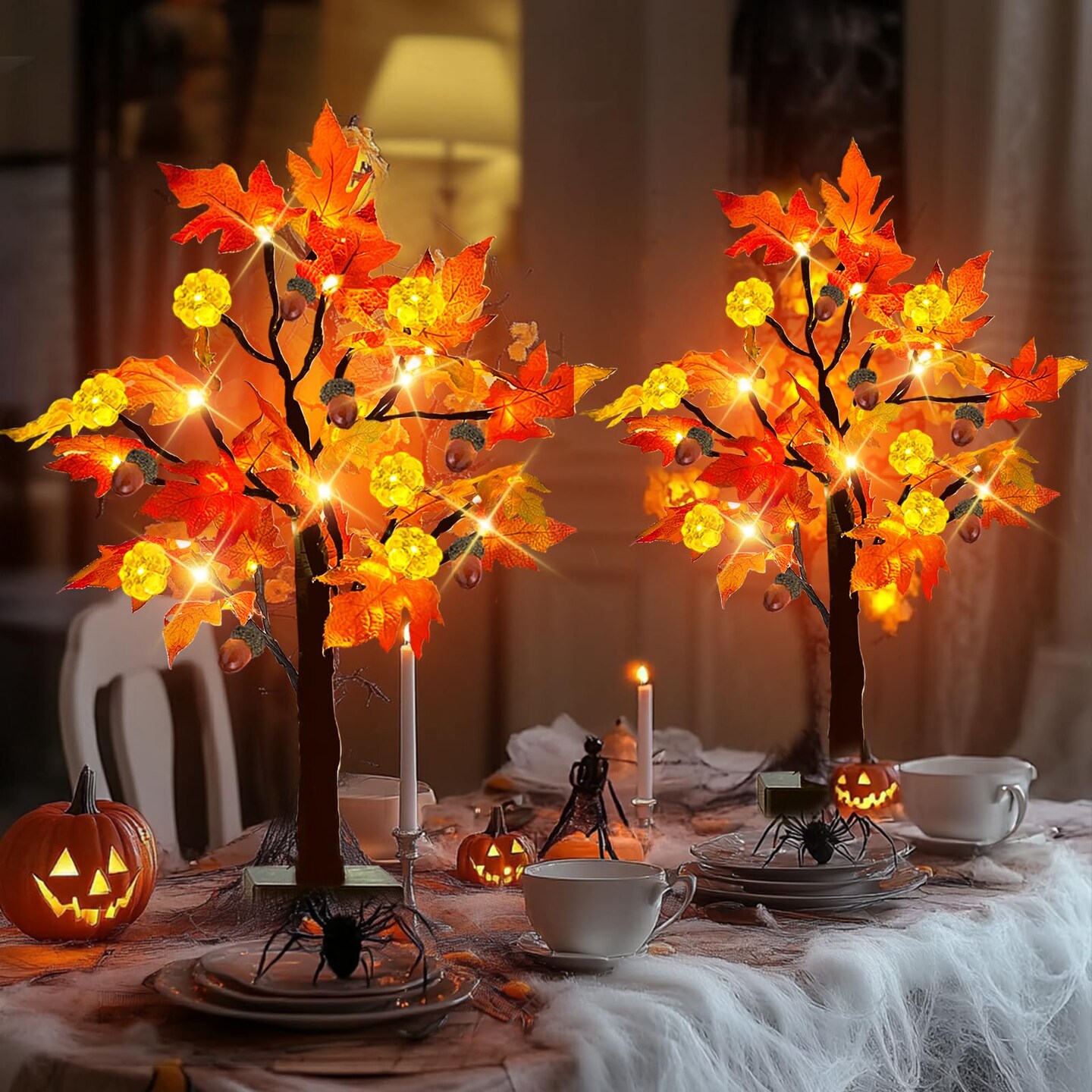 [ 2 Pack &#x26; Timer ]   24 Inch Lighted Maple Tree Fall Decor, Total 48 LED Battery Operated Tabletop Artificial Tree Design Patent Pumpkin &#x26; Acorn Thanksgiving Halloween Decoration Home Indoor  &#x26; Organizer Storage Tote Bag