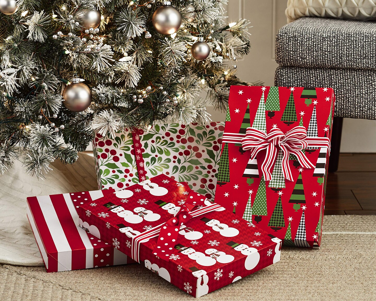 Medium Christmas Gift Boxes with Lids (12 Shirt Boxes, 4 Designs: Trees, Stripes, Snowmen, Holly) for Christmas, Holiday Parties, Hostess Gifts