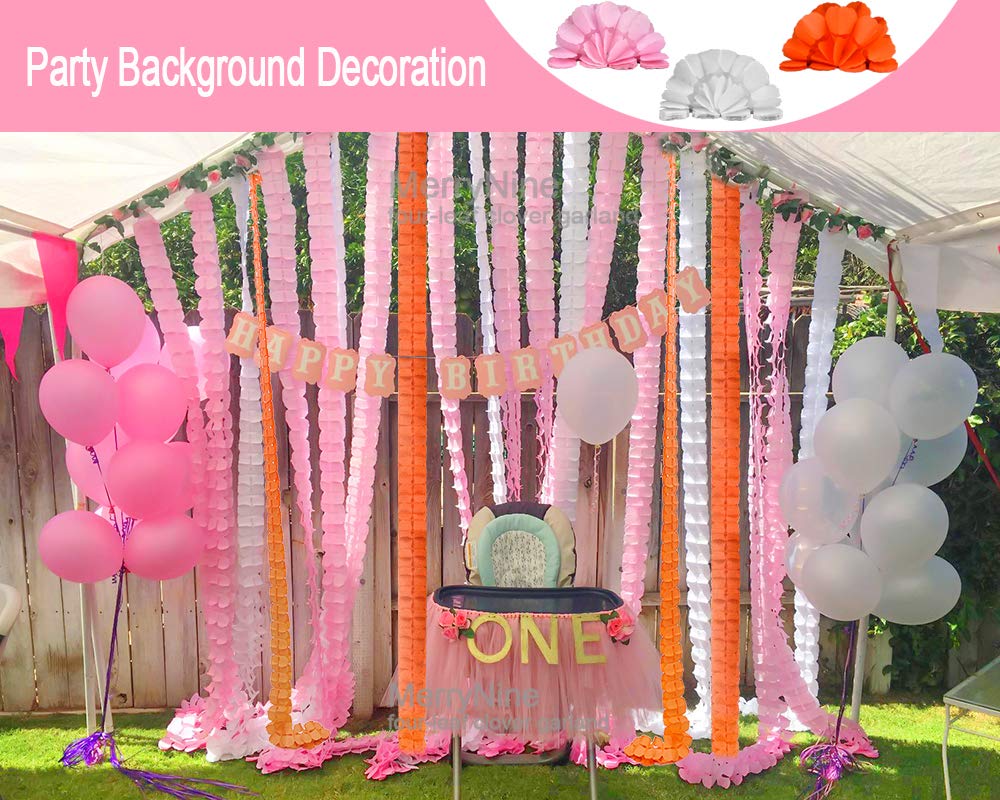 Party Streamers 6pcs, 11.81 Feet/3.6 M Each Reusable Four-Leaf Clover Paper Flower Garland for Party, Wedding Decoration (Pink-White-Orange)