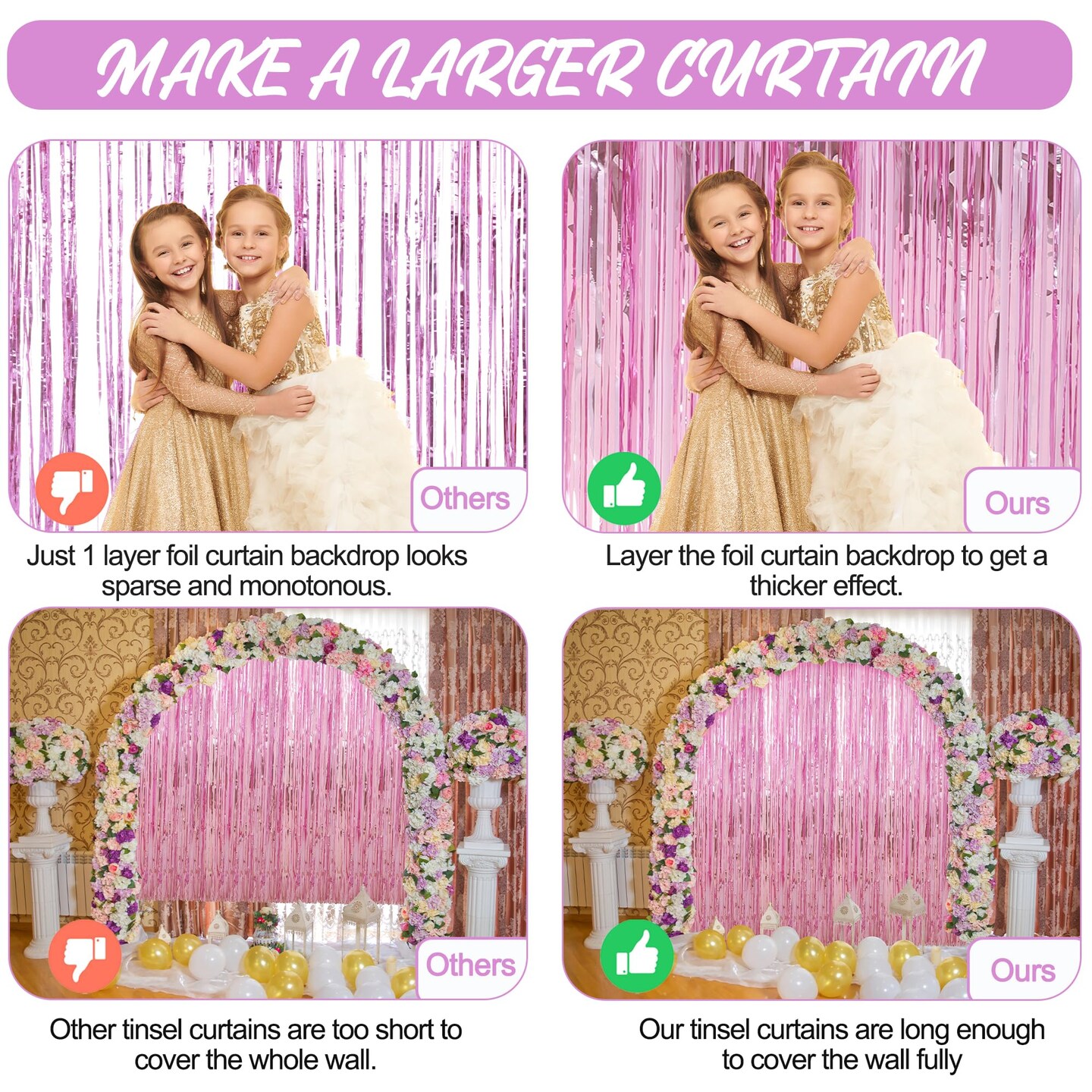 3 Pack 3.3 x 9.9 ft Pink Foil Fringe Glitter Curtains Party Decorations, Tinsel Backdrop for Parties, Door Streamers for Birthday, Photo Booth Backdrops, Party Decor