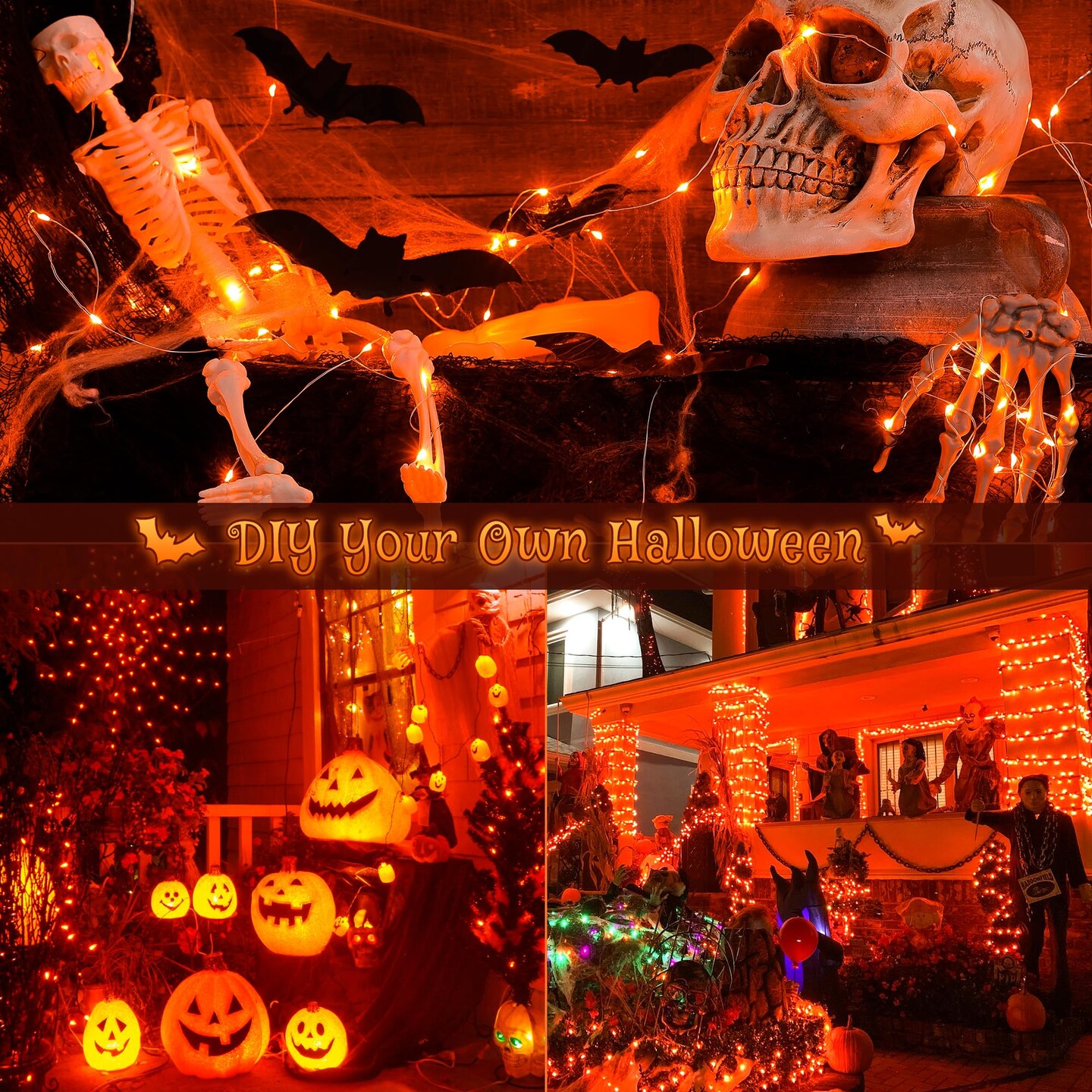 Solar Halloween Lights Outdoor,2 Pack Each 33Ft 100LED Orange Halloween Lights,Copper Wire Solar Powered Fairy String Lights 8 Modes for Garden,Tree,Thanksgiving,Christmas,Parties,Home Decor