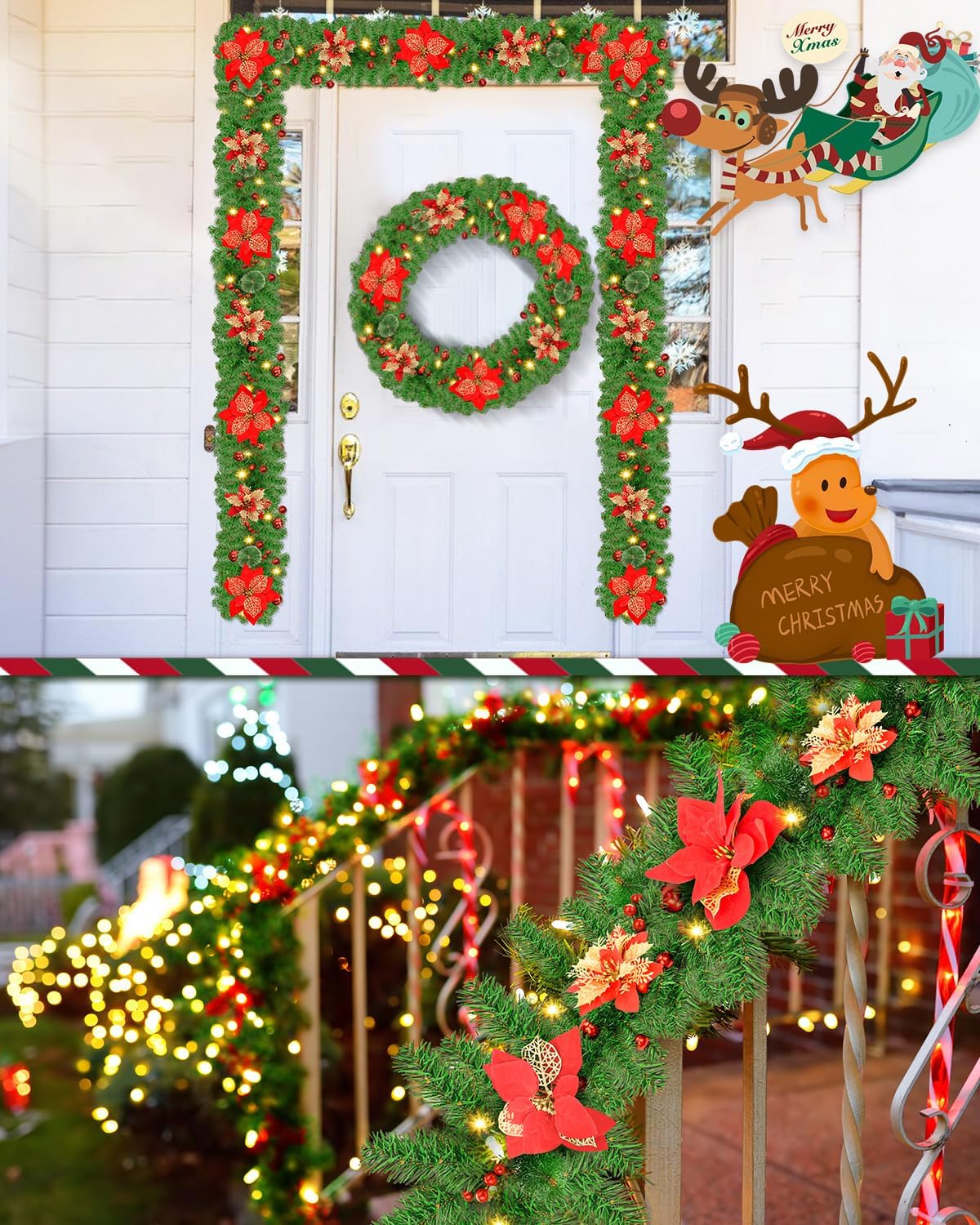Christmas Garland, 9ft Pre-lit Christmas Decorations Garland with Lights for Front Door, Artificial Green Rattan, for Xmas Tree, Mantel Stairs Home Indoor Outdoor Christmas Decor Wreath (Red)