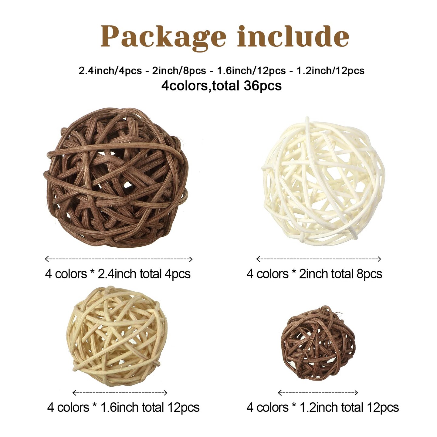 36 Pcs Wicker Rattan Balls Decorative Balls for Vase Centerpiece Bowls Orbs Filler for Home Decor,4 Sizes(White, Wood Color, Light Tan, Coffee)