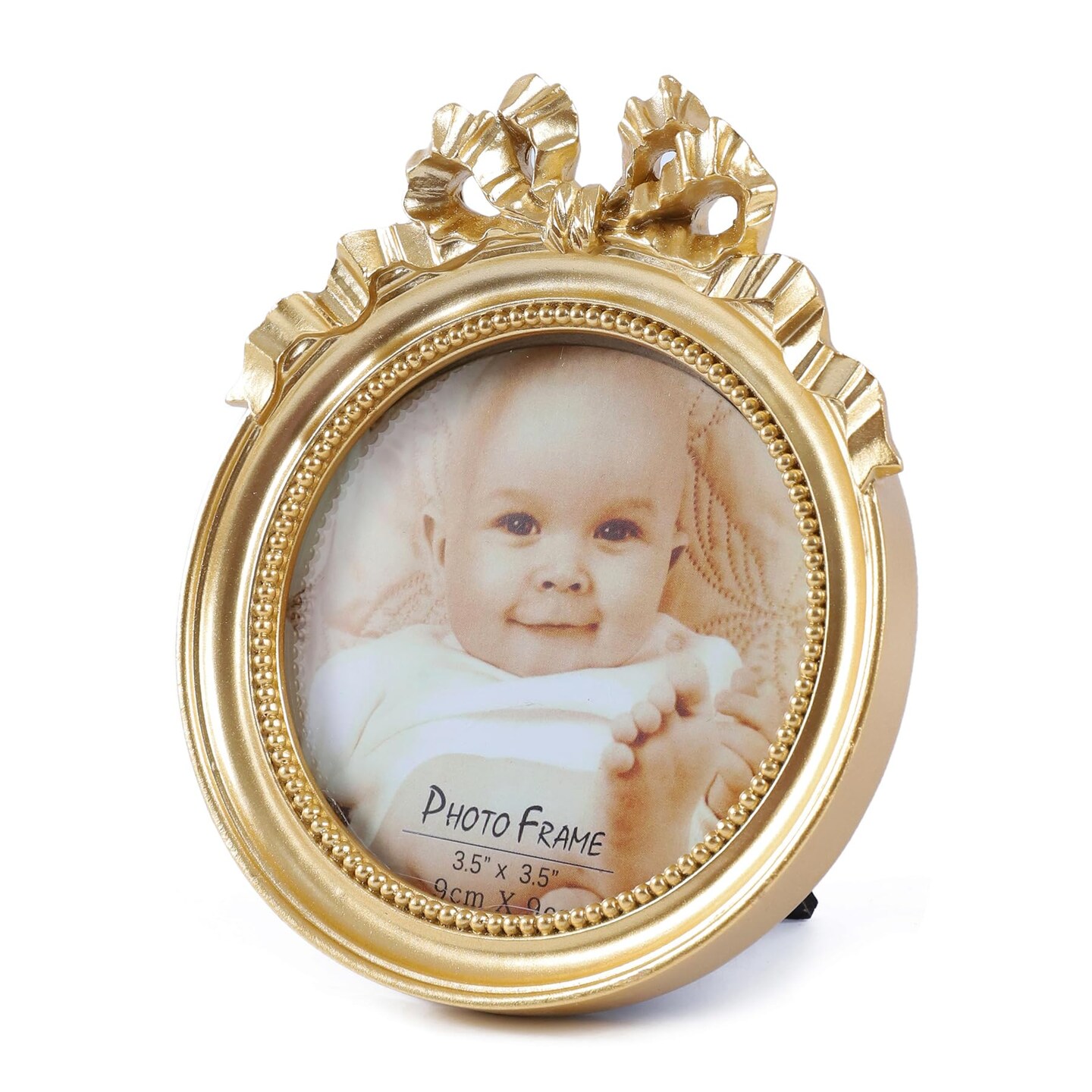 Vintage Picture Frames 3.5x3.5 Ornate Wallet Size Round Small Gold Picture Frames for Tabletop and Wall Mount Retro Home Decor Antique Wall Decor with Embossed Bead and Bow