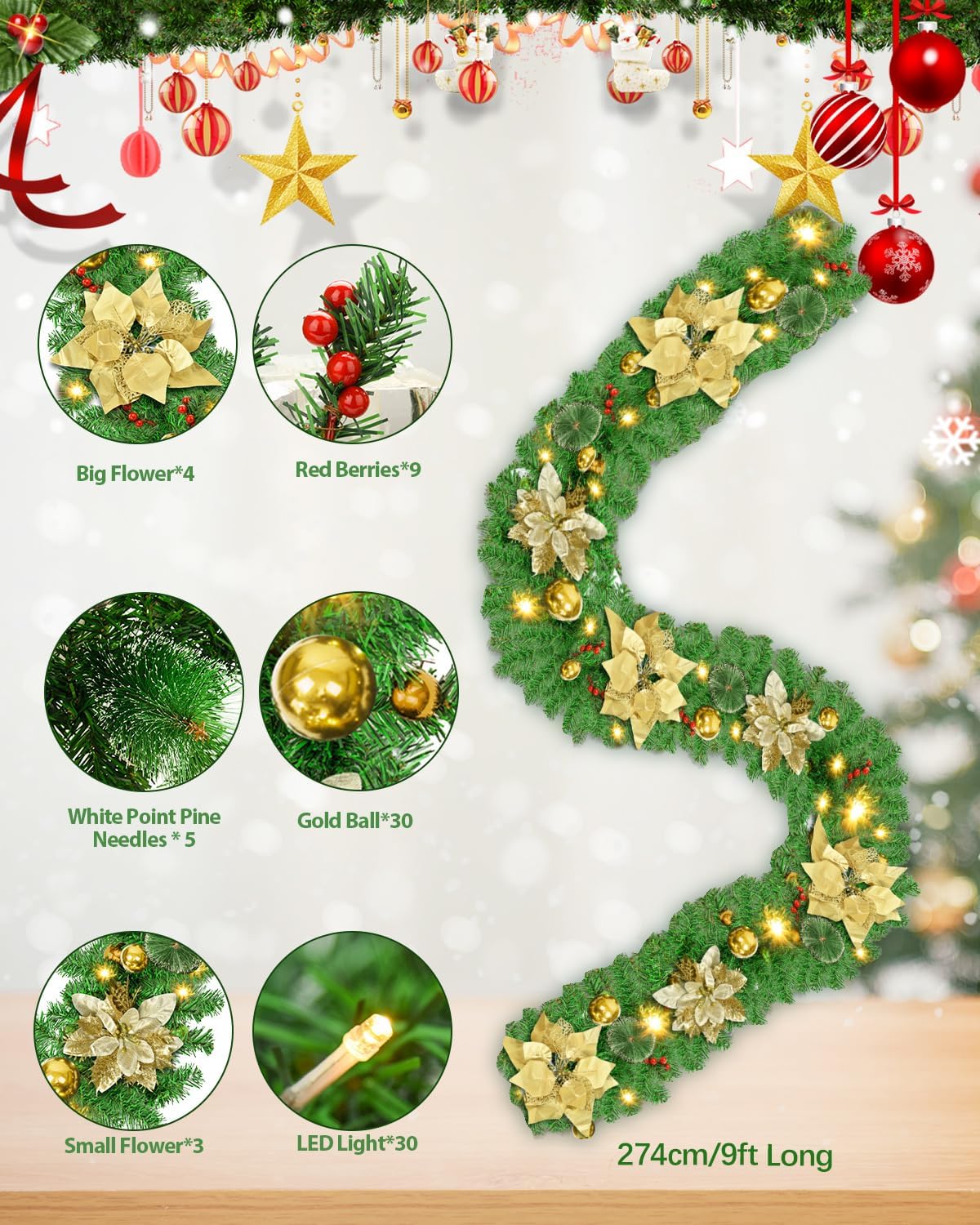 Christmas Garland, 9ft Pre-lit Christmas Decorations Garland with Lights for Front Door, Artificial Green Rattan, for Xmas Tree, Mantel Stairs Home Indoor Outdoor Christmas Decor Wreath (Gold)