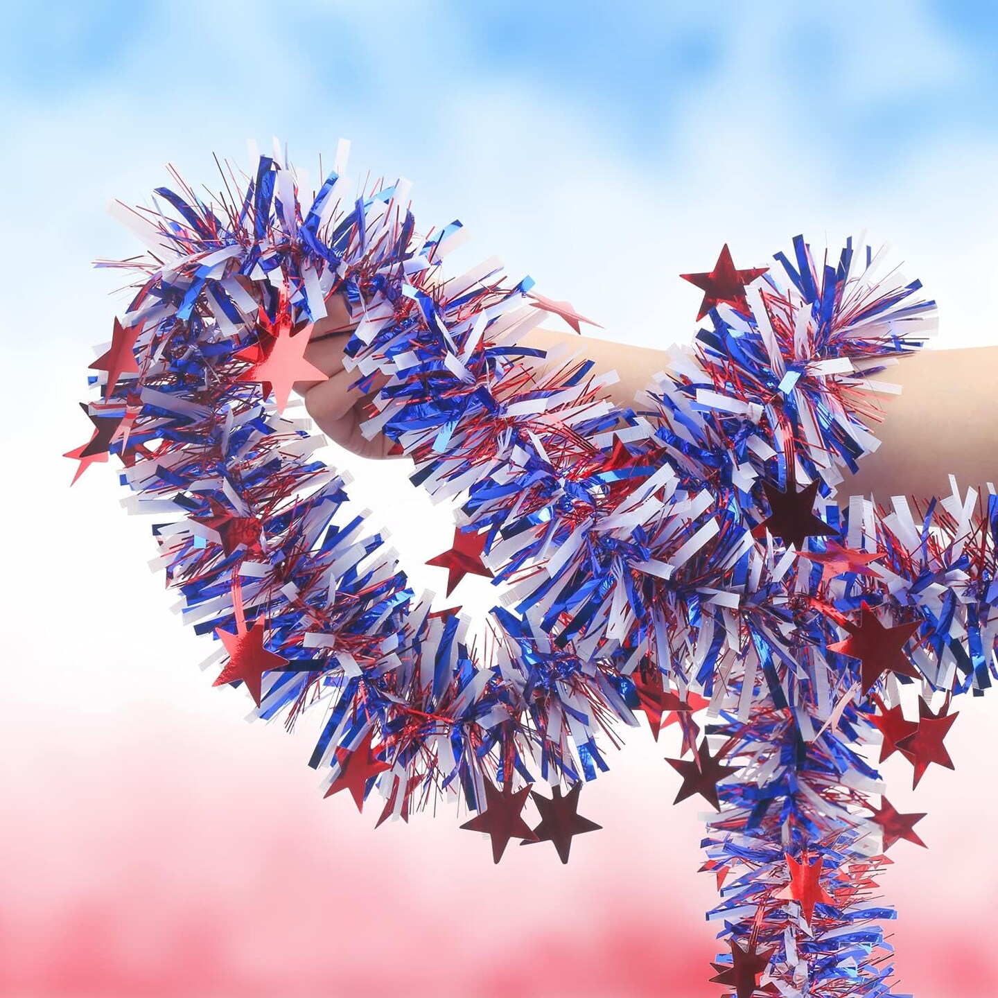 32.8 Ft 4th of July Tinsel Garland, Red White Blue Metallic Garland for Independence Day Memorial Day Decoration