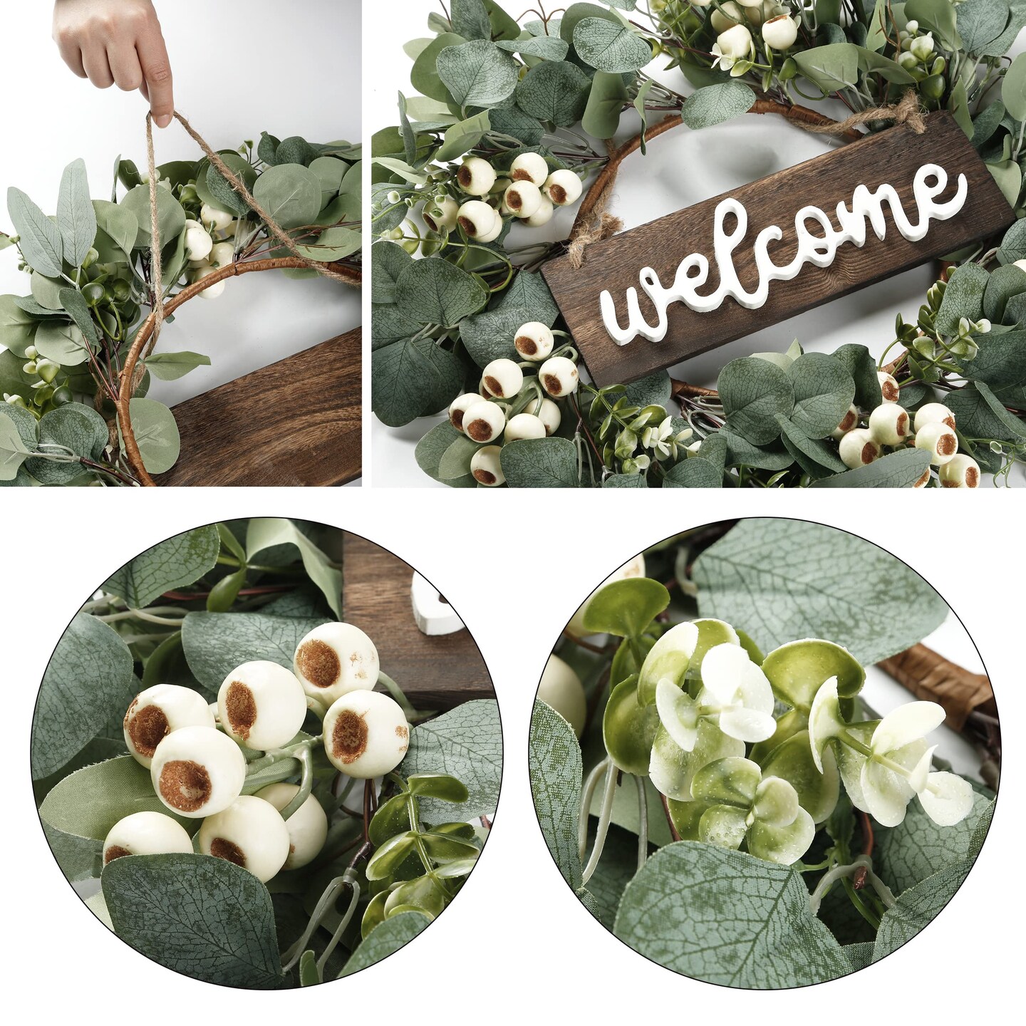 Green Artificial Eucalyptus Wreath with Welcome Sign 20in Spring Summer Wreath with White Berries for Front Door Wall Window Festival Porch Farmhouse Patio Garden Decor