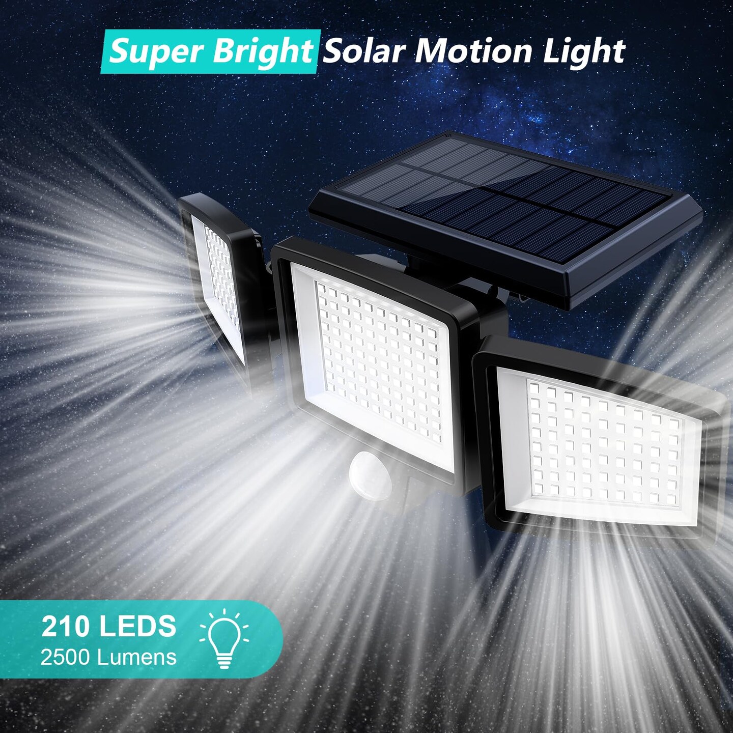 Solar Outdoor Lights 2500LM 210 LED Security Lights with Remote Control,3 Heads Motion Sensor Lights, IP65 Waterproof,270&#xB0; Wide Angle Flood Wall Lights with 3 Modes (1 Pack)