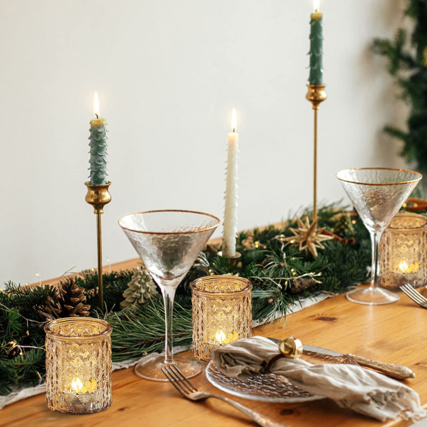 12pcs Gold Votive Candle Holders- Tealight Candle Holder for Table Centerpiece, Glass Candle Holder for Wedding Table Decor, Home Decor and Party Decor& Organizer Storage Tote Bag