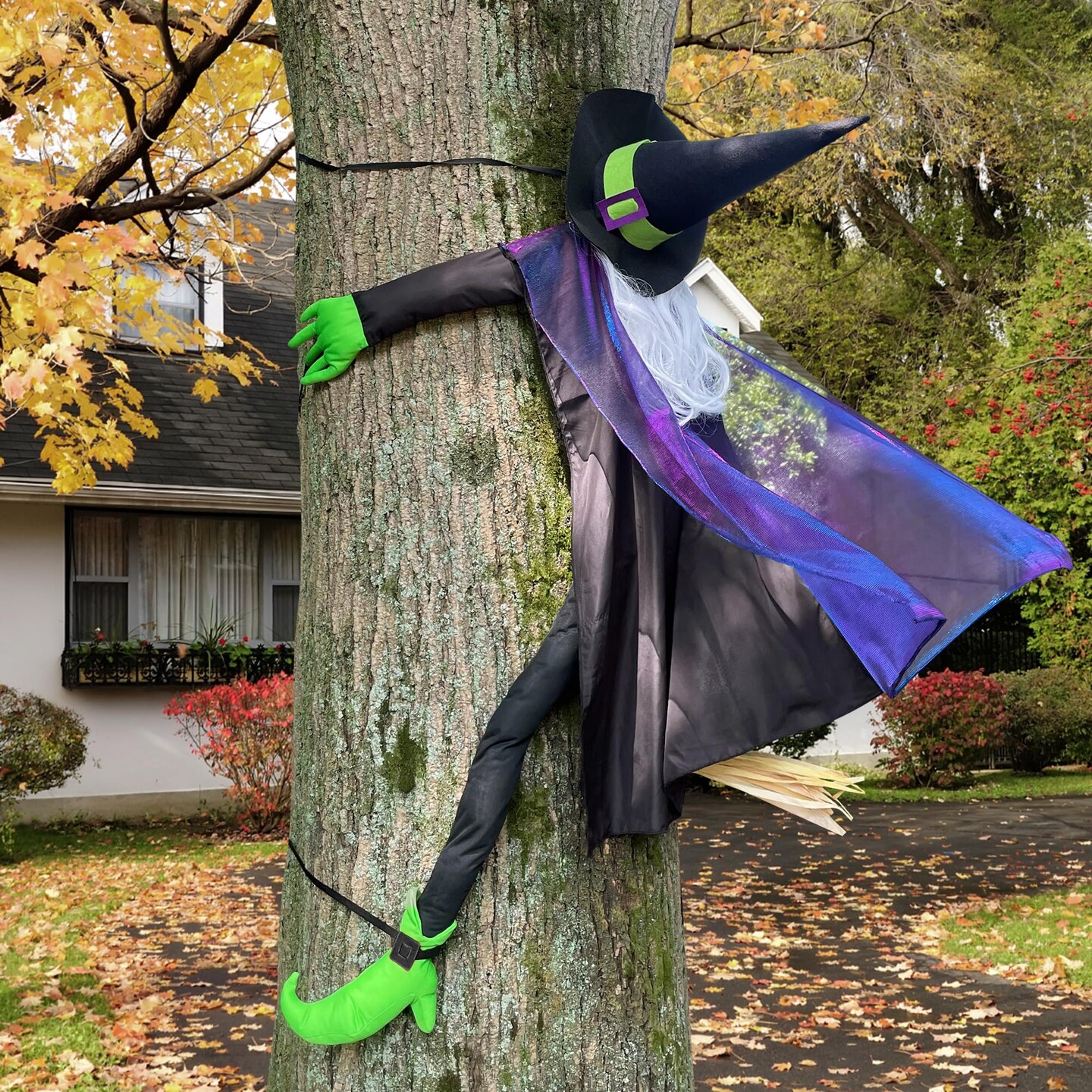 Crashing Witch into Tree Large Halloween Decor Outside, 64&#x22; Flying Witch Hitting Tree Halloween Decorations, Hanging Witches Halloween Outdoor Decor for Haunted House Prop, Porch, Yard,Tree Decoration