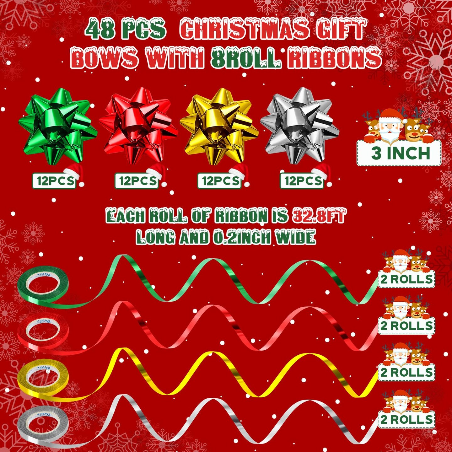 Riceshoot 48 Pcs Christmas Self Adhesive Gift Bows with 8 Rolls Curling Ribbons 3 inch Holiday Wrap Bows Metallic Christmas Bows for Christmas Gift Craft Decoration (Rose Gold, Green, Red, Silver)