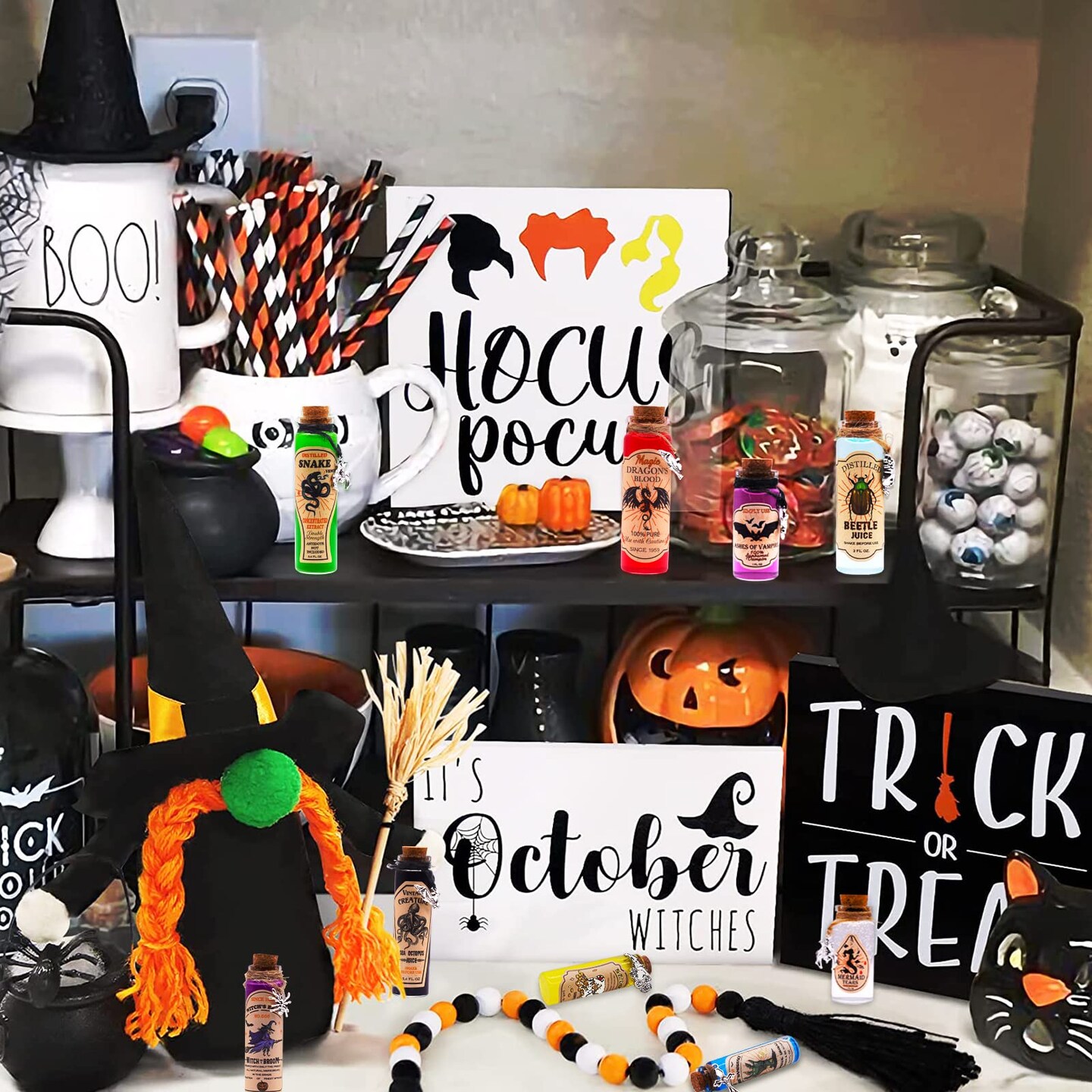 99 Pcs Apothecary Bottles Set with Halloween Stickers &#x26; Pendants - Tiered Tray Decor for Indoor Halloween Party Supplies