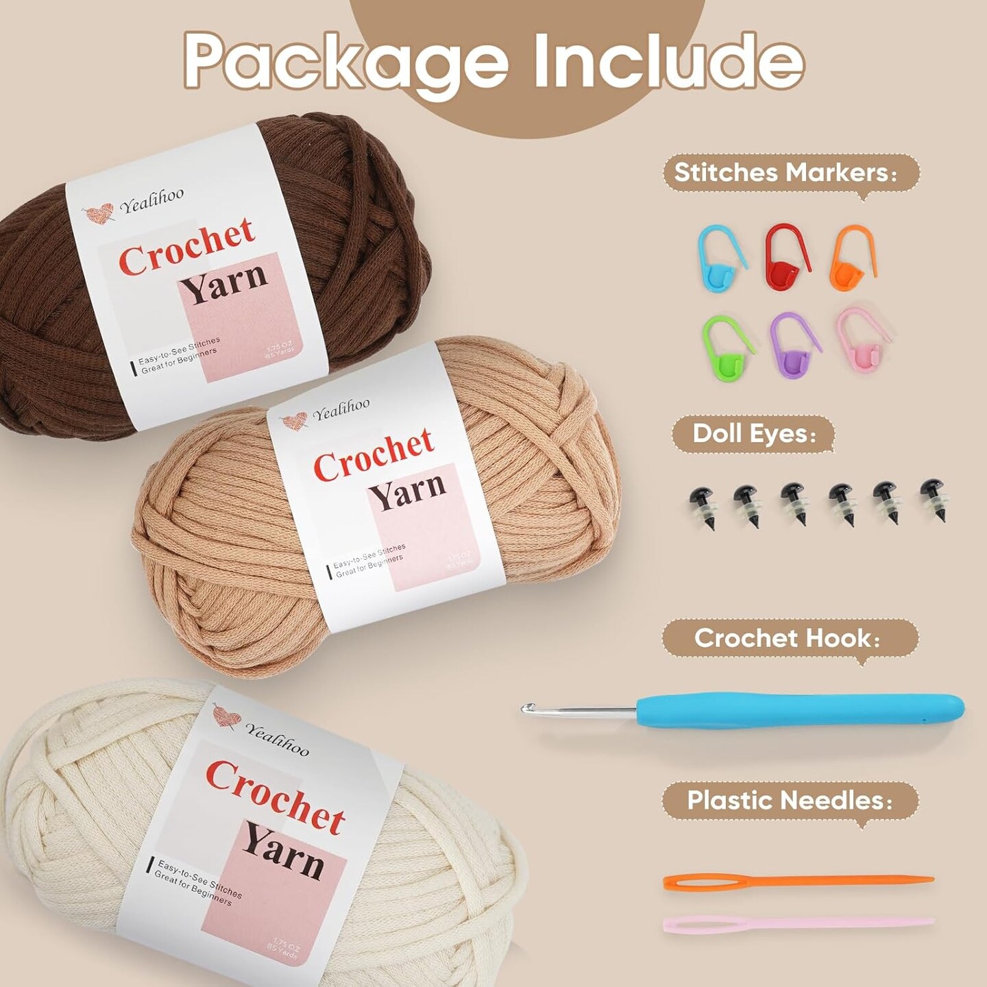 3 Pack × 1.8 oz Cotton Yarn for Crocheting(Coffee/Khaki/Beige)