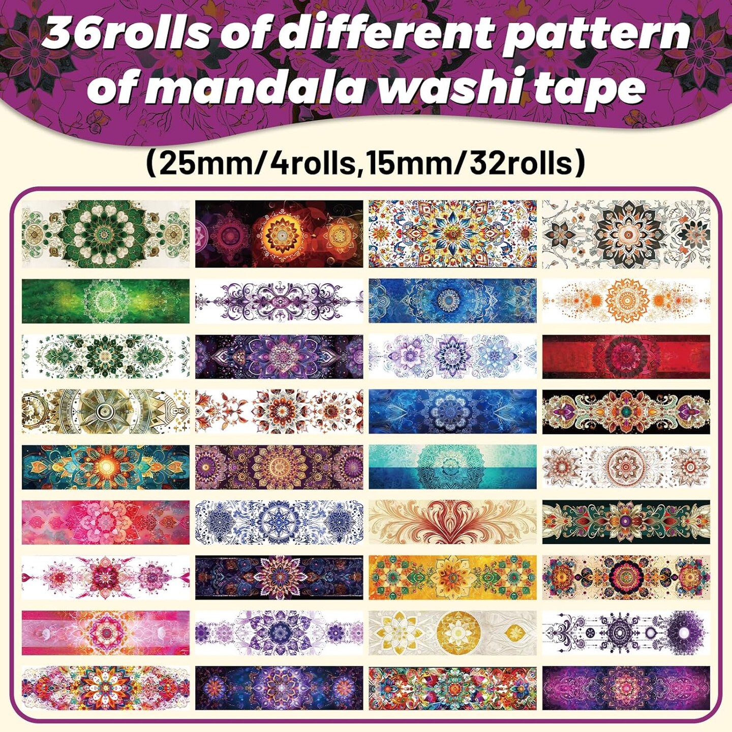 36 Rolls Mandala Washi Tape Set (Mandala design washi tape set)
