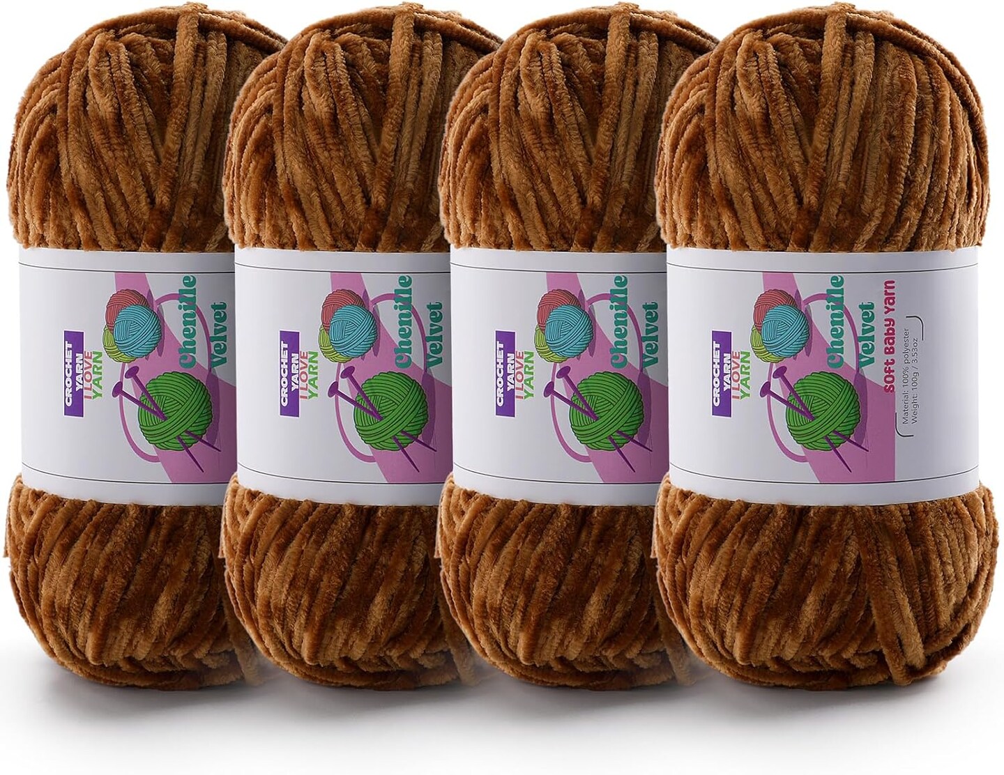 524.8 Yards - 4 Skeins Soft Chunky Chenille Yarn (Dark Brown)