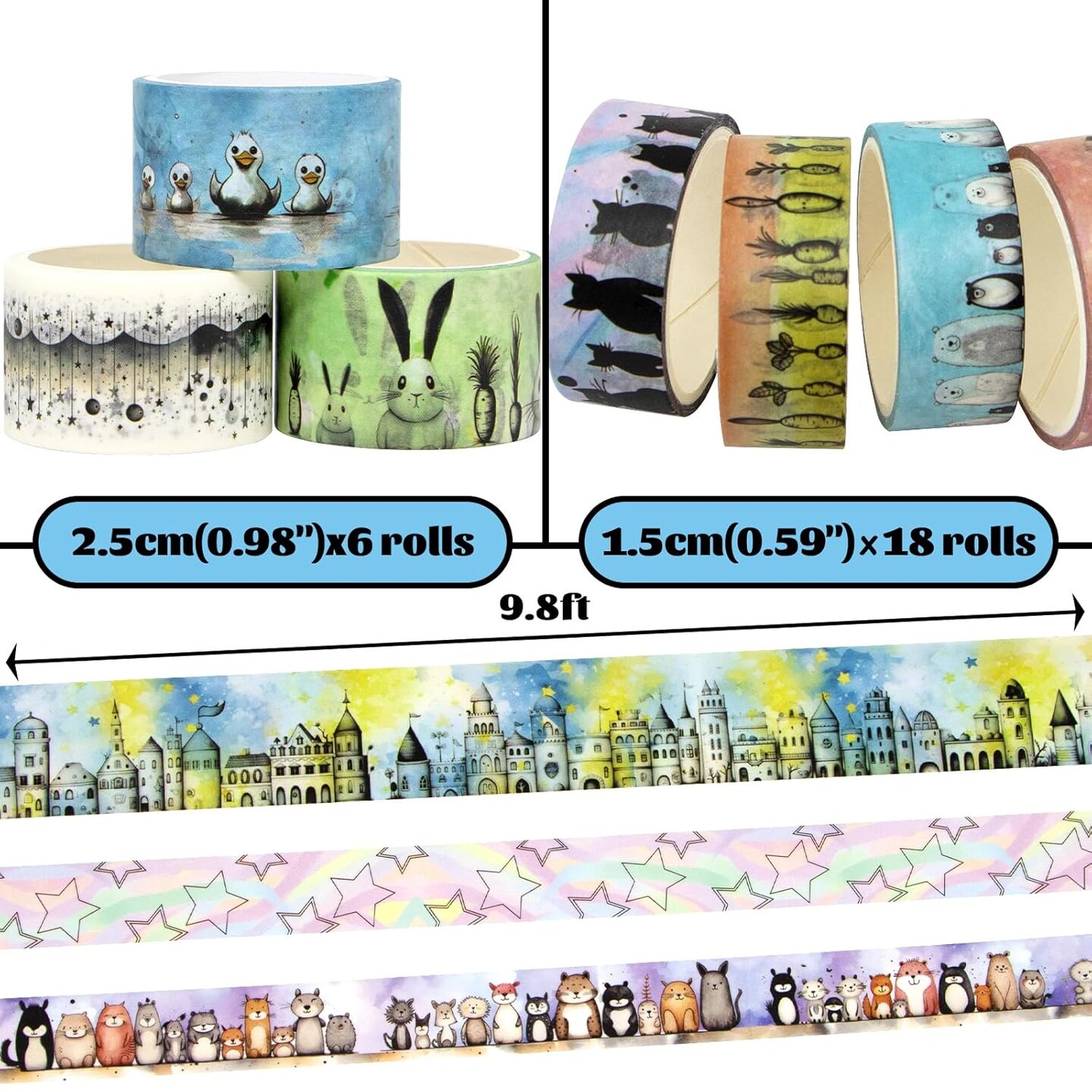 Cute Washi Tape Set - 24 Rolls Kawaii Animals